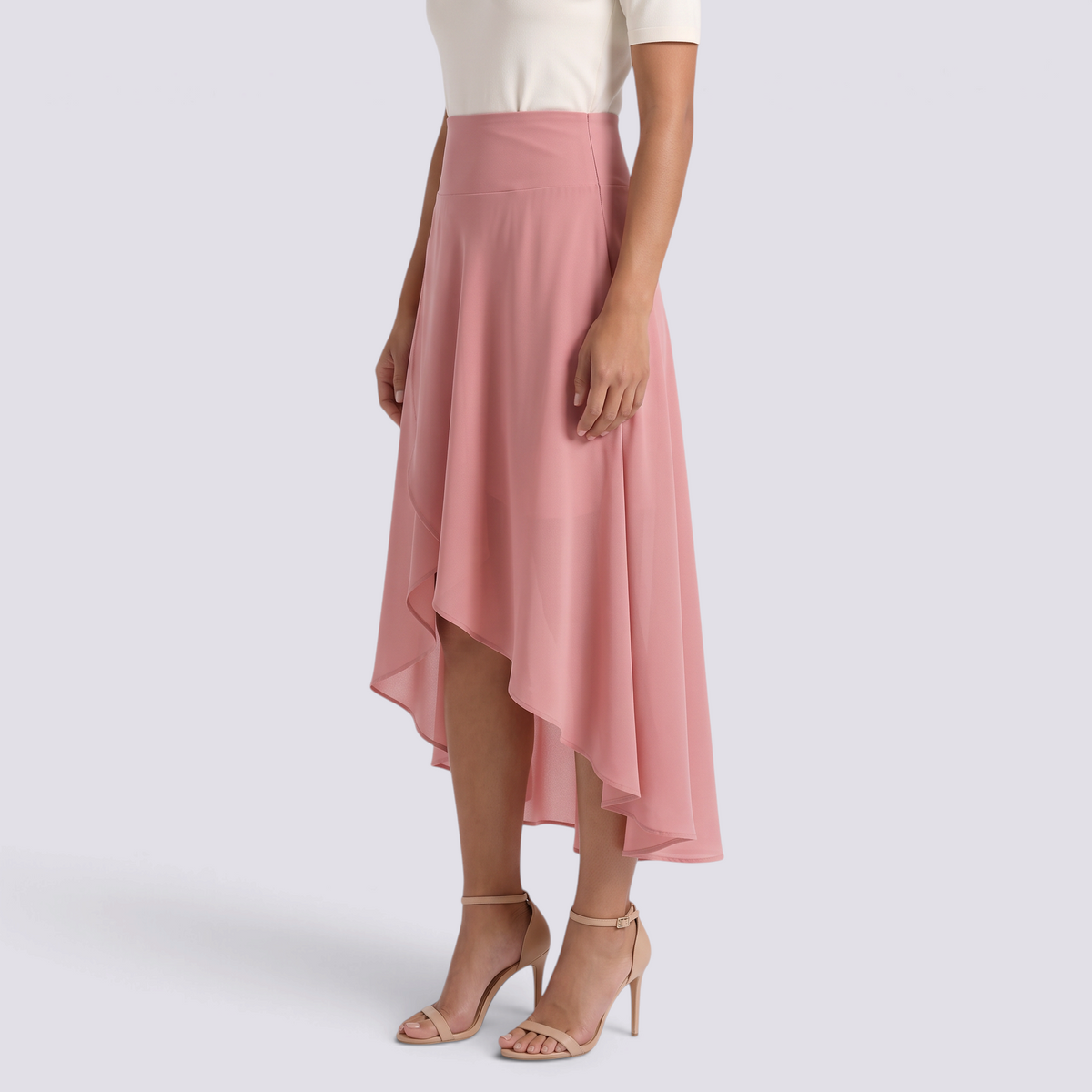 Falda larga cruzada asimétrica mujer en rosa, vista lateral