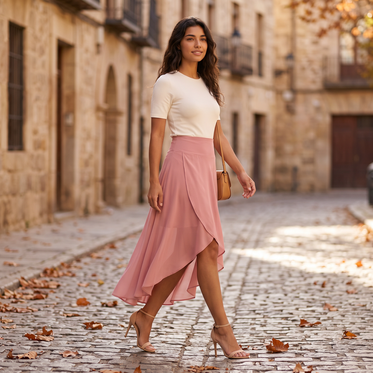Falda larga cruzada asimétrica mujer en rosa, look de calle