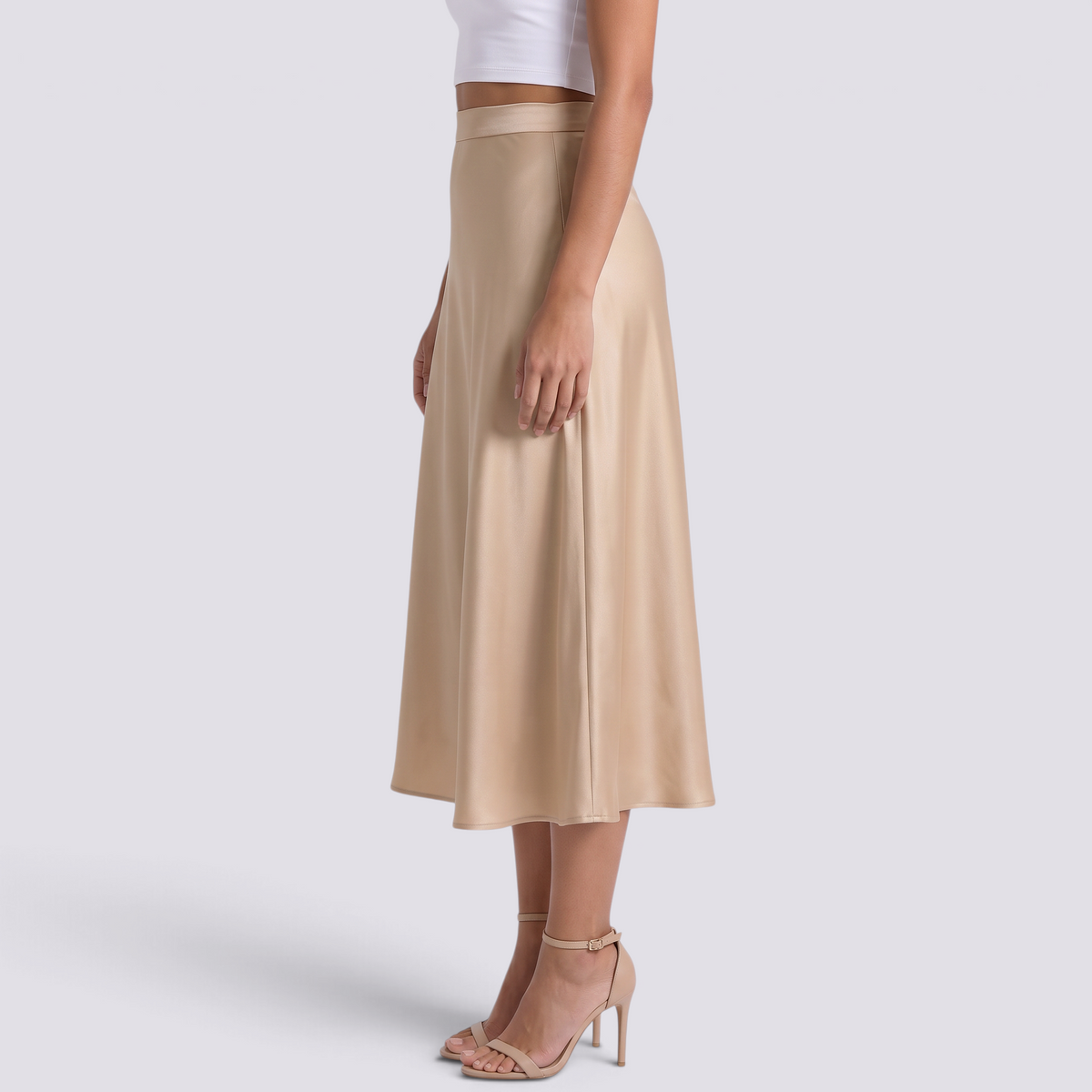 Falda midi de satén color champán de mujer con cintura alta y corte en A, vista lateral