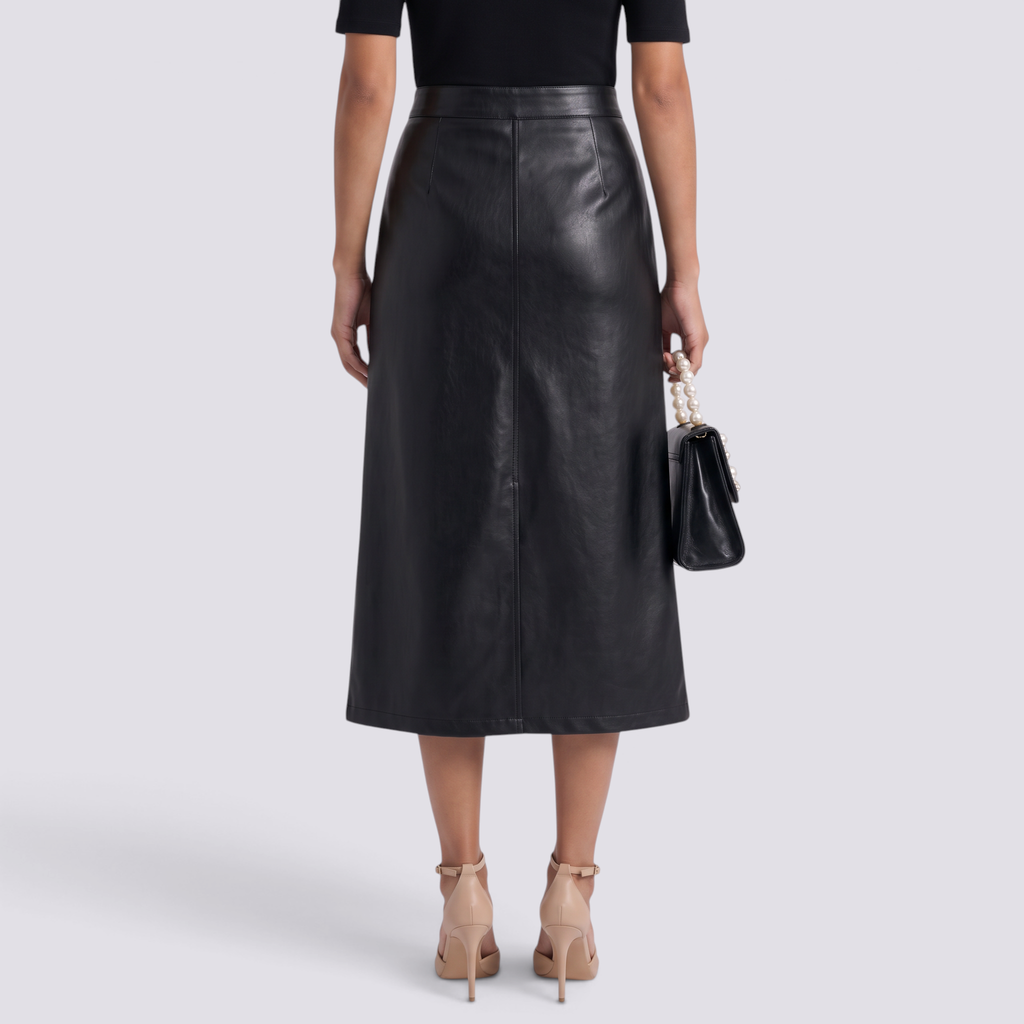 Falda midi mujer efecto piel color negro, vista de espalda
