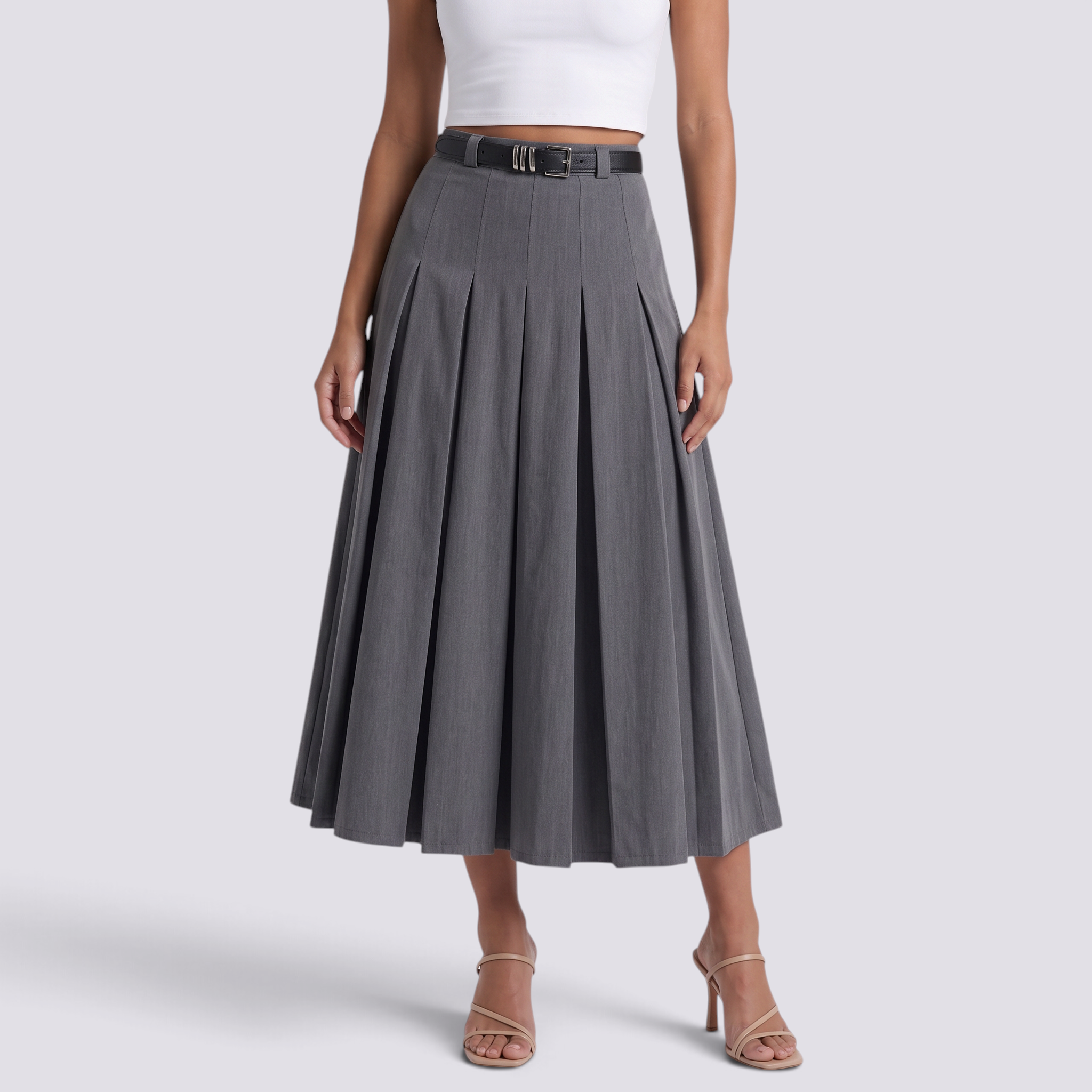 Falda midi plisada gris azulado de mujer con cintura alta y corte en A, vista frontal