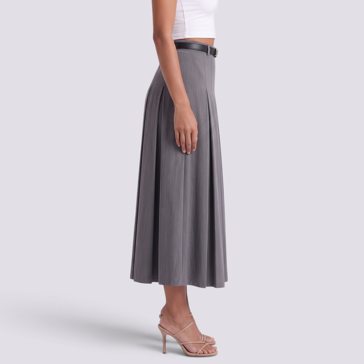 Falda midi plisada gris azulado de mujer con cintura alta y corte en A, vista lateral