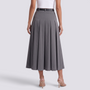 Falda midi plisada gris azulado de mujer con cintura alta y corte en A, vista trasera