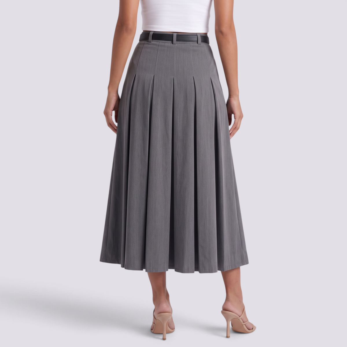 Falda midi plisada gris azulado de mujer con cintura alta y corte en A, vista trasera