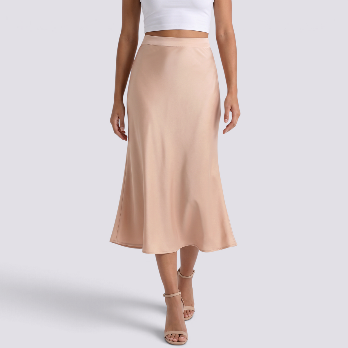 Falda midi satinada albaricoque de mujer con cintura alta y corte evasé, vista frontal