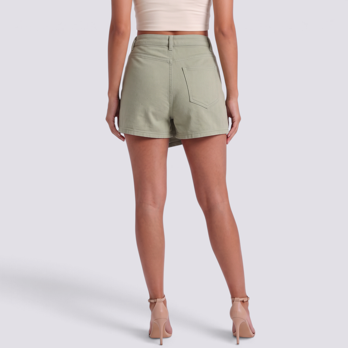 Falda pantalón mujer cruzada de cintura alta en verde claro, vista trasera con bolsillo de parche