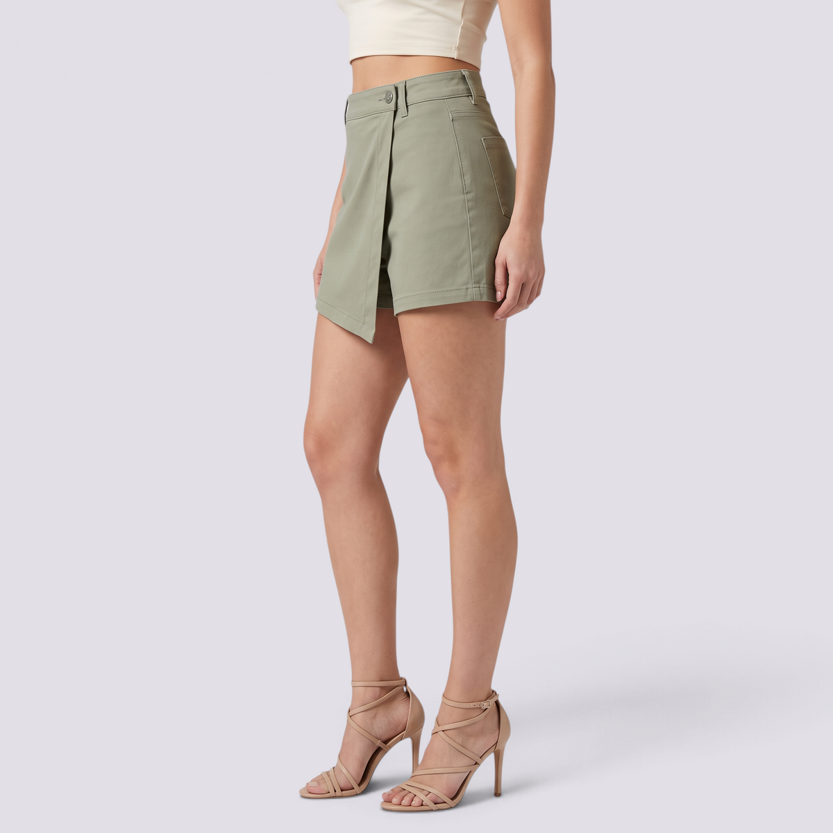 Falda pantalón mujer cruzada de cintura alta en verde claro, vista lateral