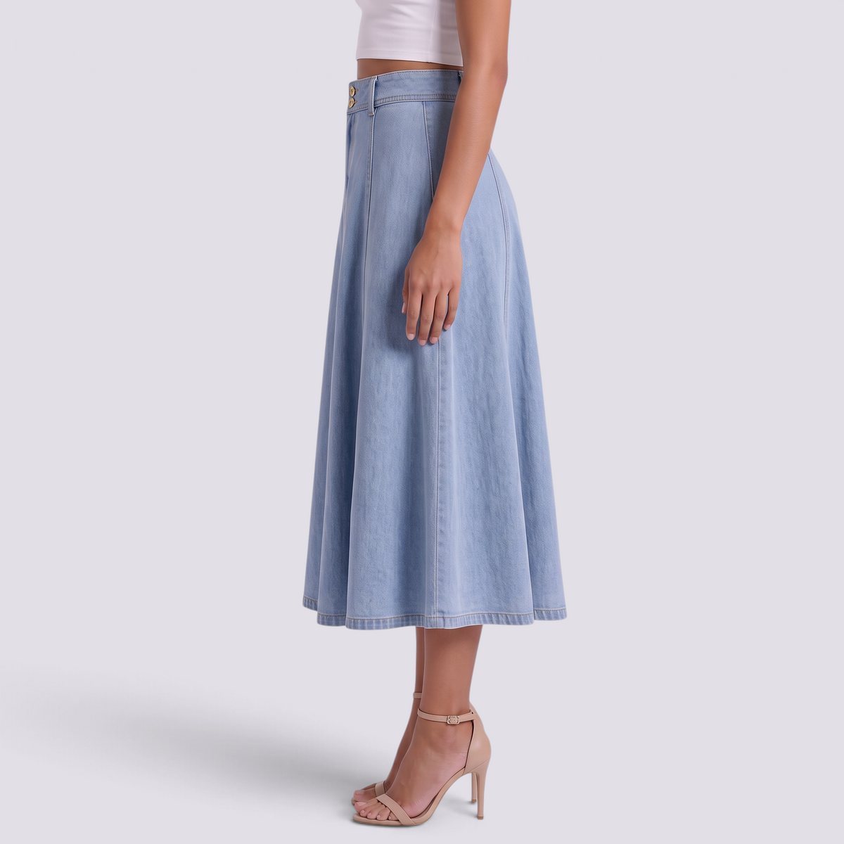 Falda vaquera midi de mujer acampanada de cintura alta en azul claro, vista lateral