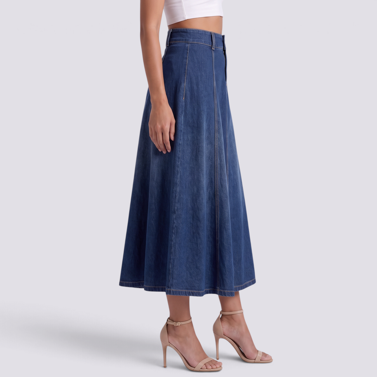 Falda vaquera midi de mujer acampanada de cintura alta en azul marino, vista lateral