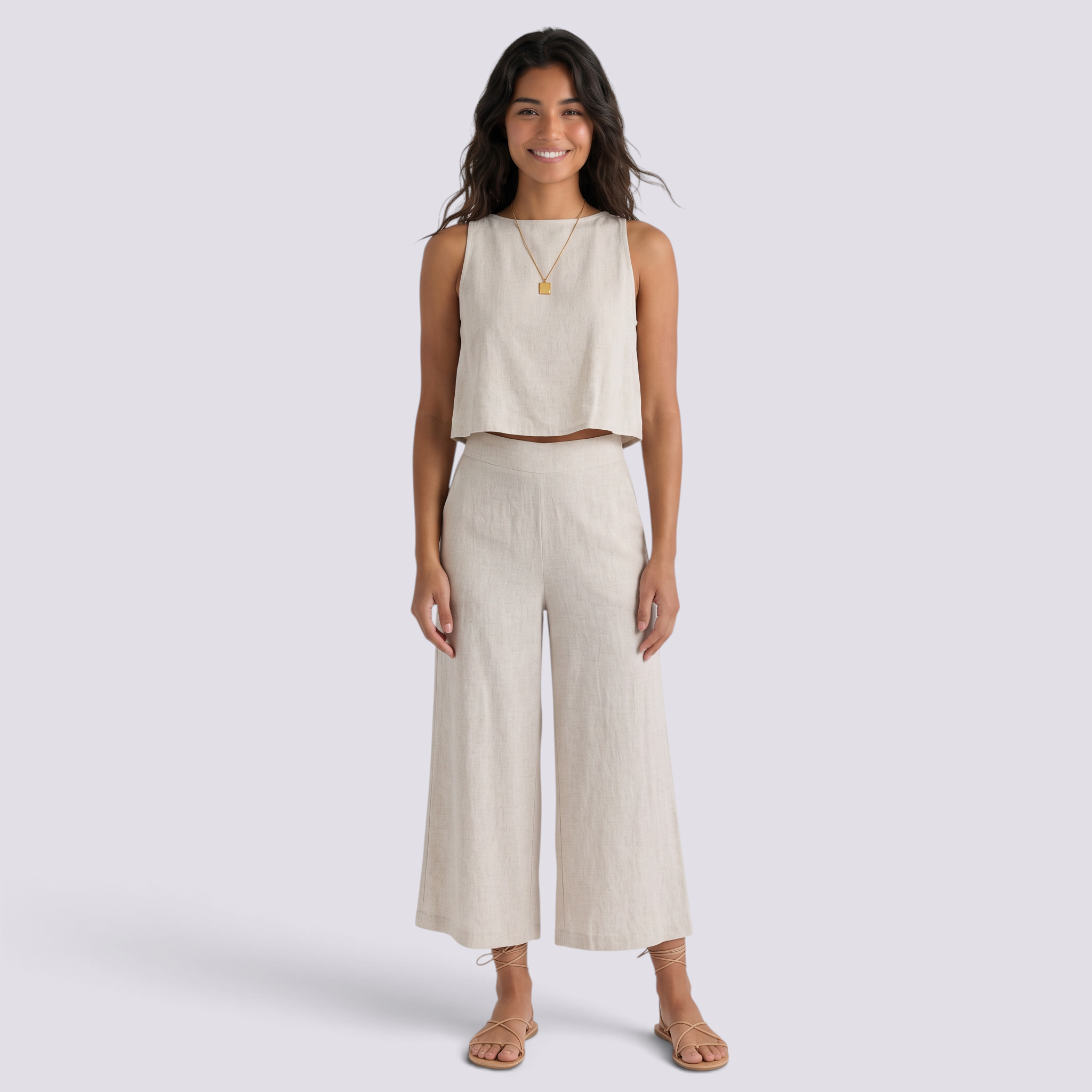 Conjunto Top y Pantalón Ancho Mujer - Beige - Frontal