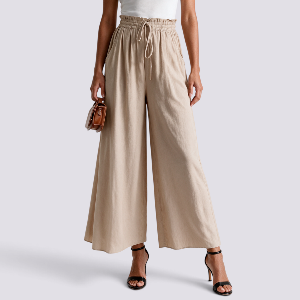 Pantalón Culotte Mujer Cintura Fruncida - Beige - Vista frontal