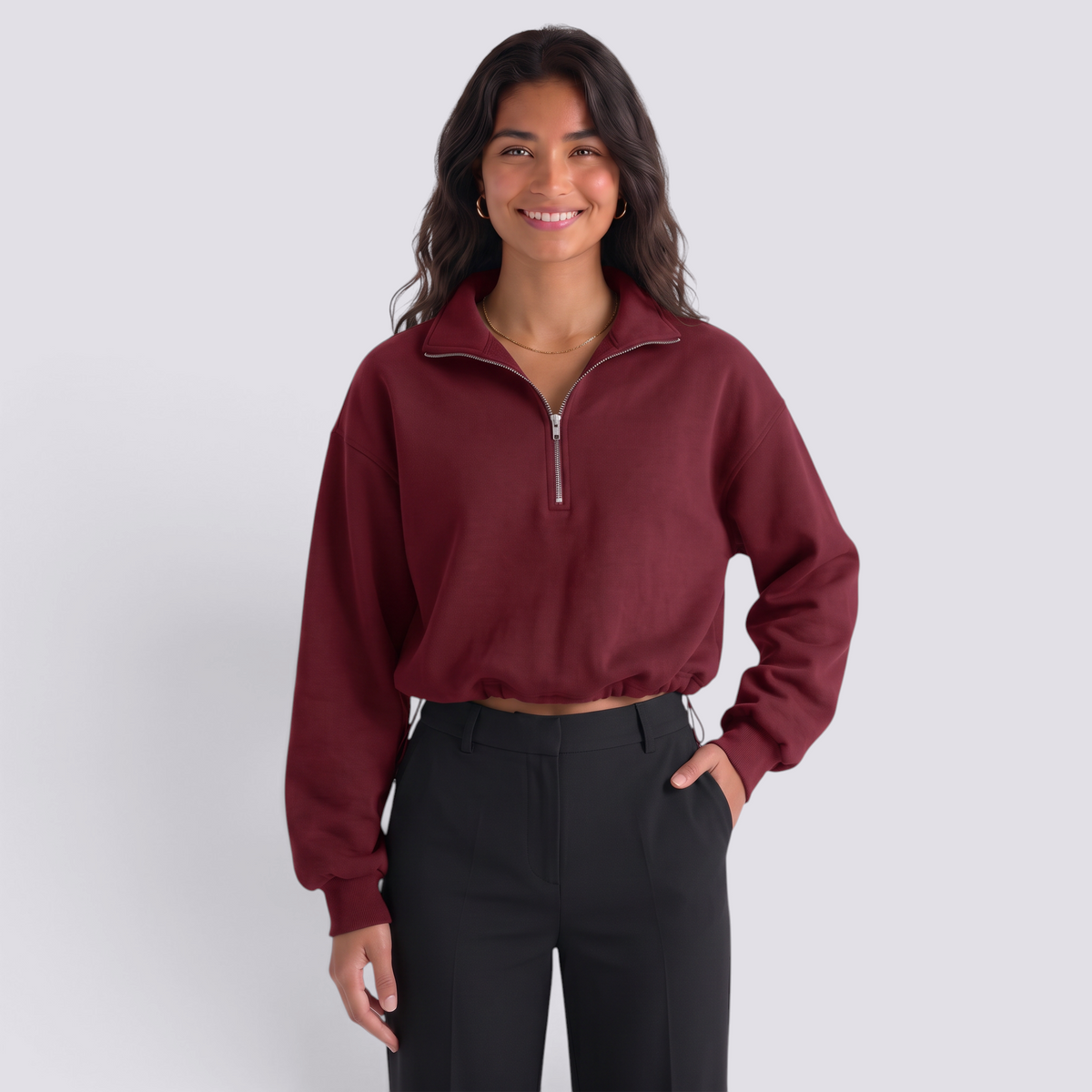 Sudadera Crop Cuello Alto Mujer - Burdeos - Frontal