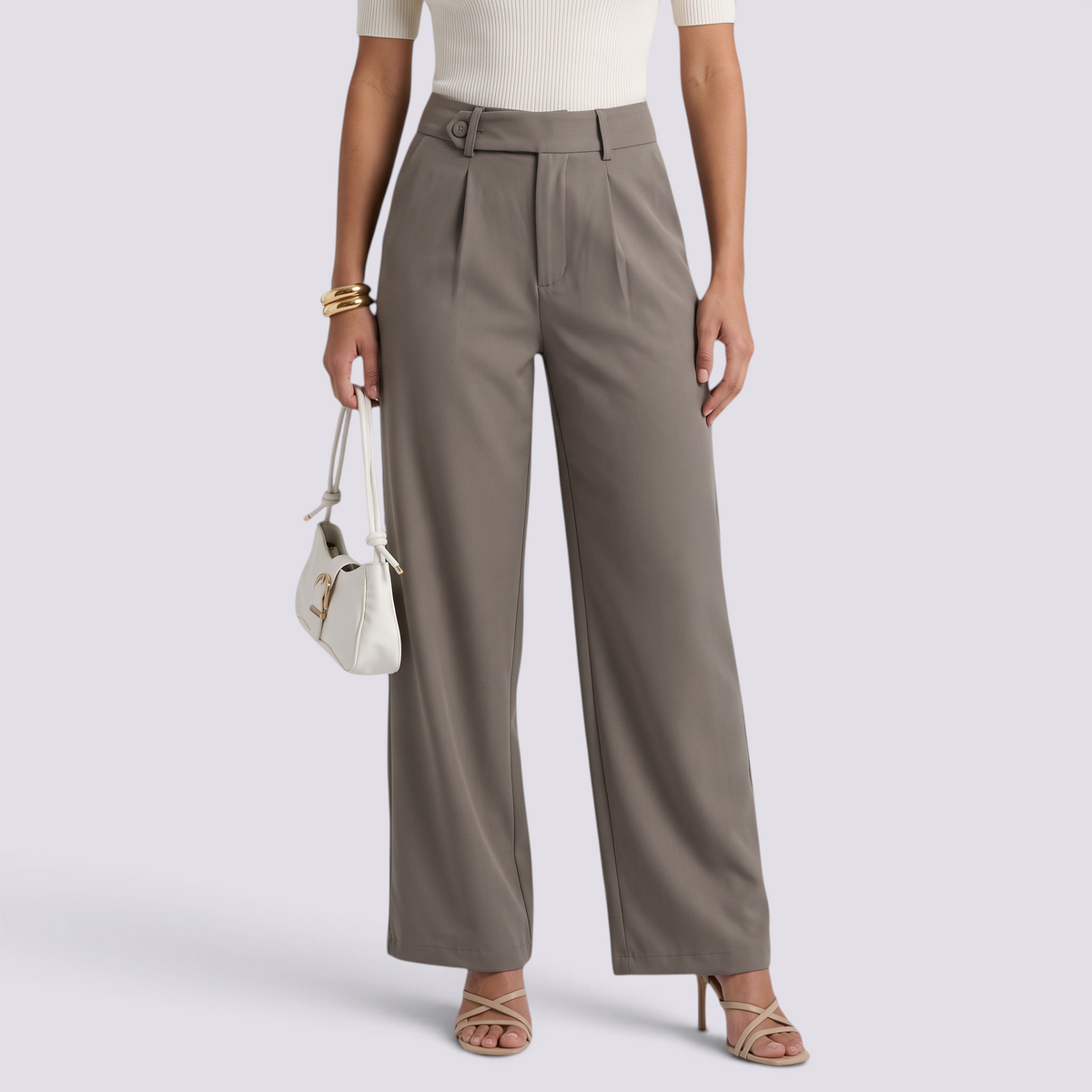 Pantalón Recto Ancho Mujer Cintura Alta - Gris - Vista frontal