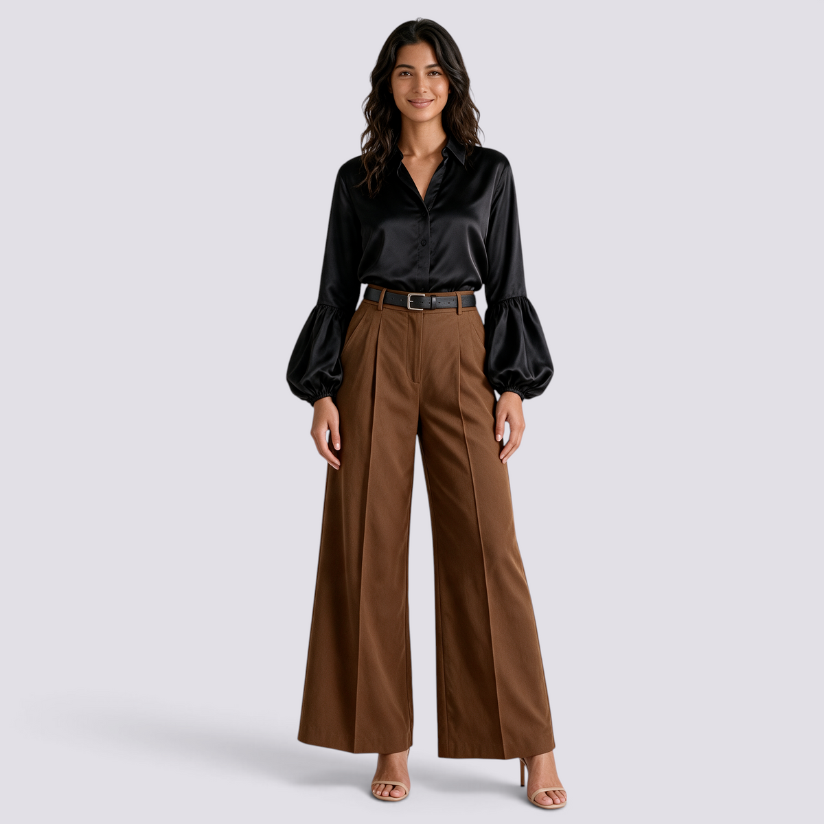 Pantalón Acampanado Mujer Cintura Alta - Marrón - Frontal