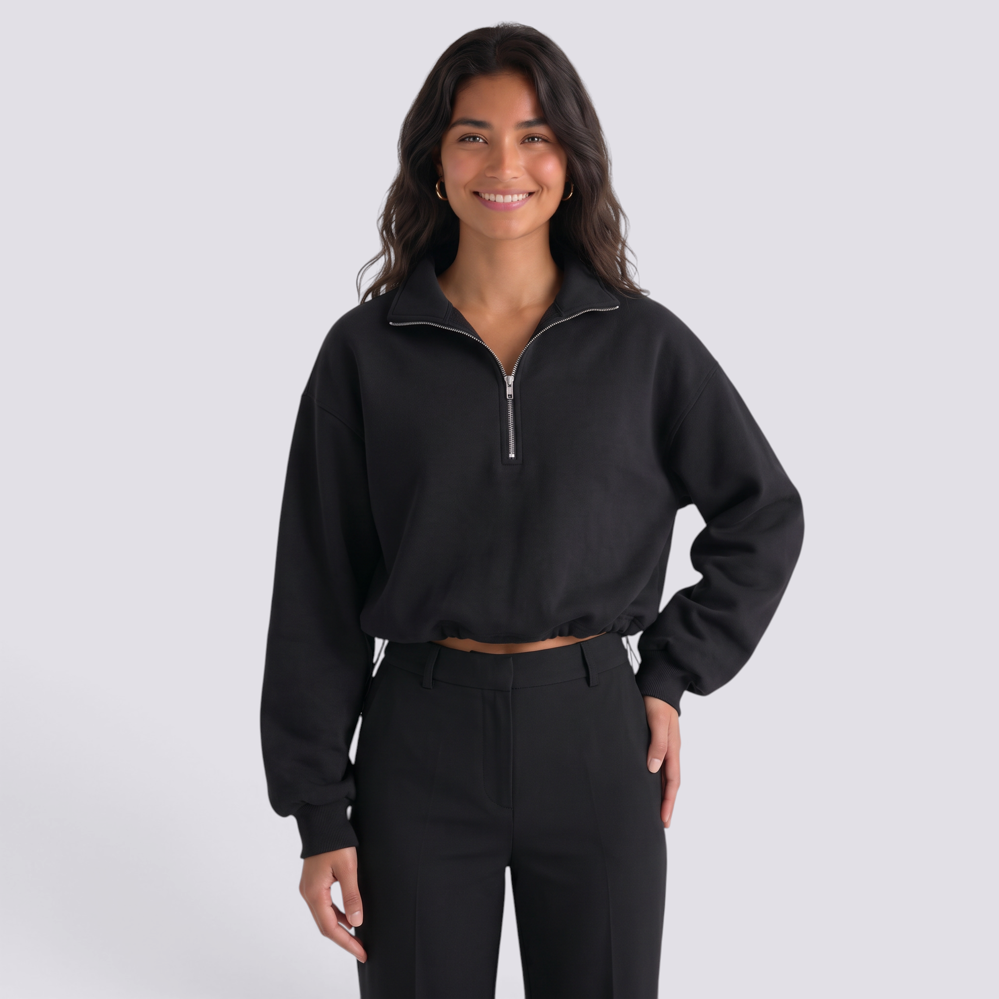 Sudadera Crop Cuello Alto Mujer - Negro - Frontal