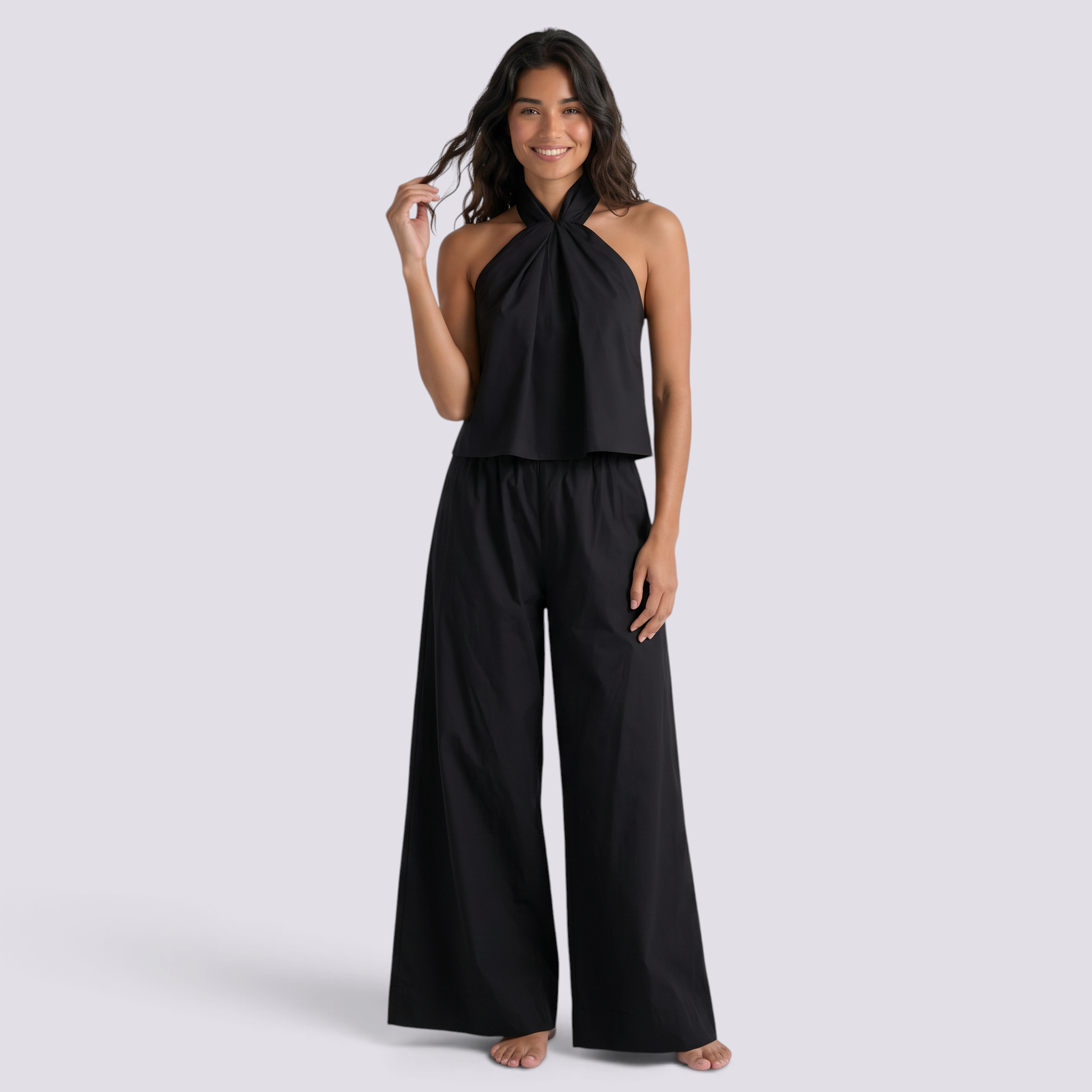 Conjunto Top Sin Mangas Mujer Pantalón Ancho - Negro - Vista frontal