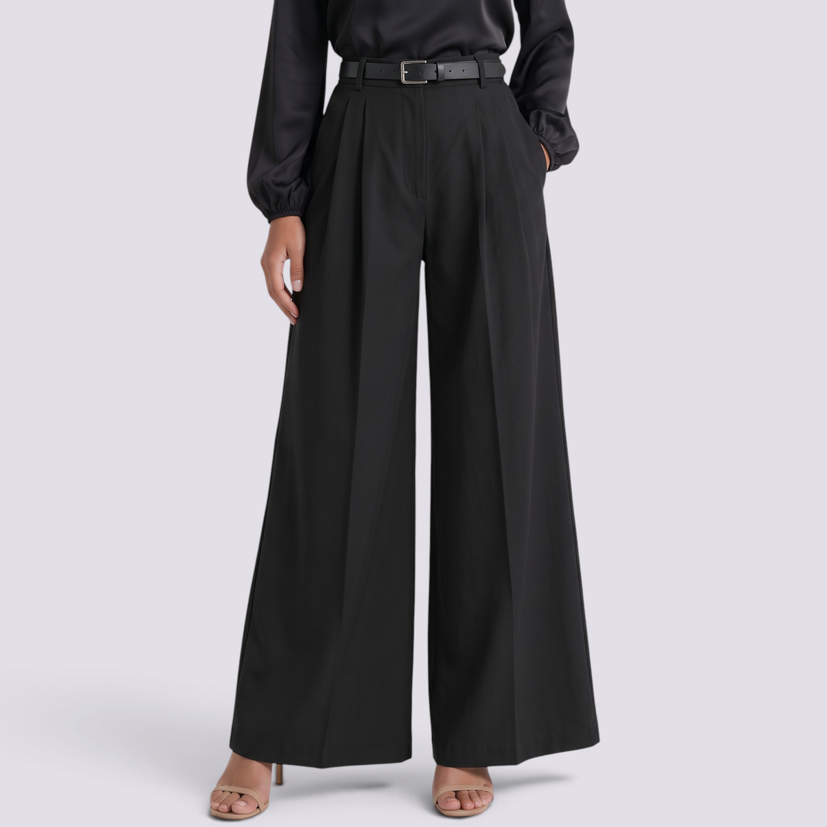 Pantalón Acampanado Mujer Cintura Alta - Negro - Frontal