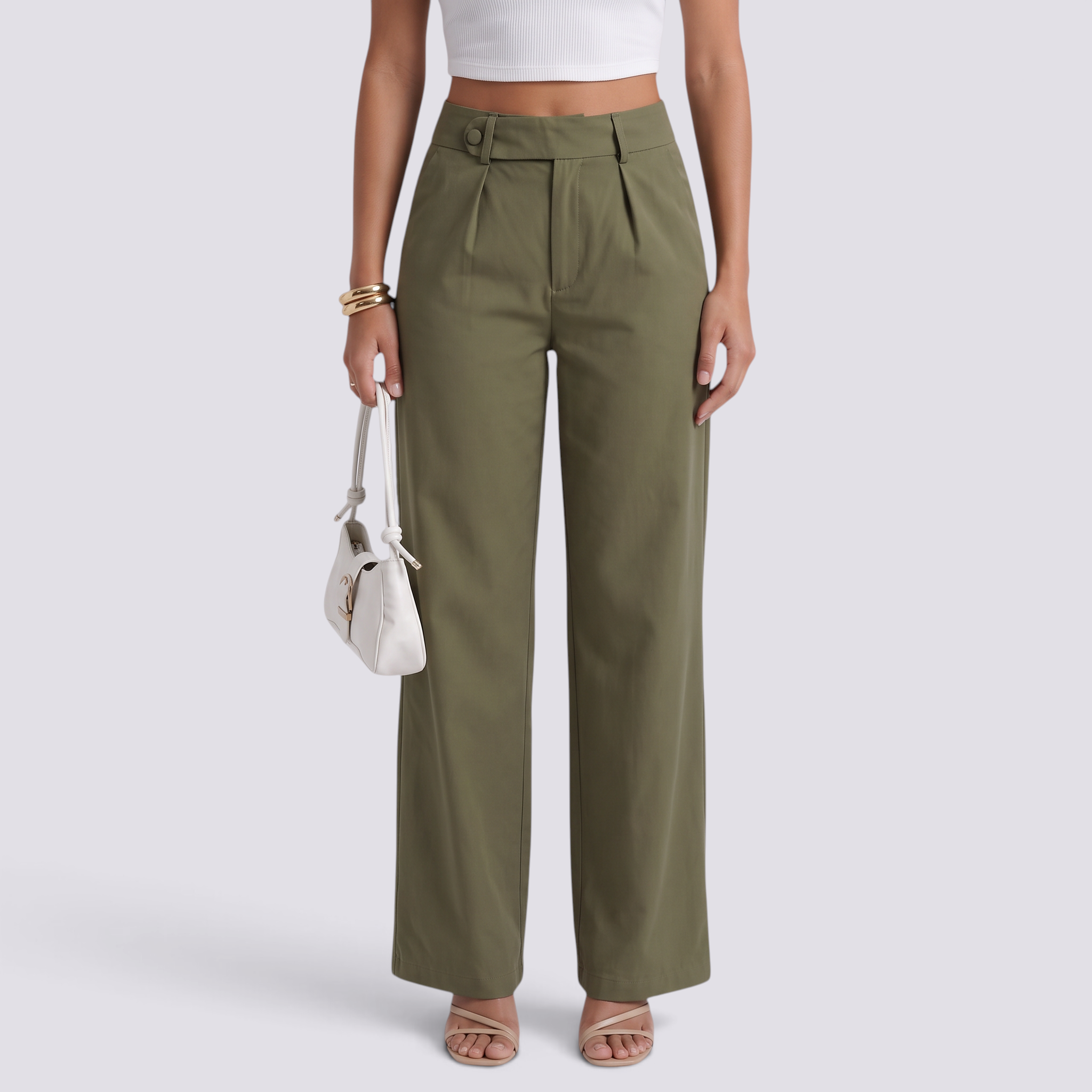 Pantalón Recto Ancho Mujer Cintura Alta - Verde Militar - Vista frontal
