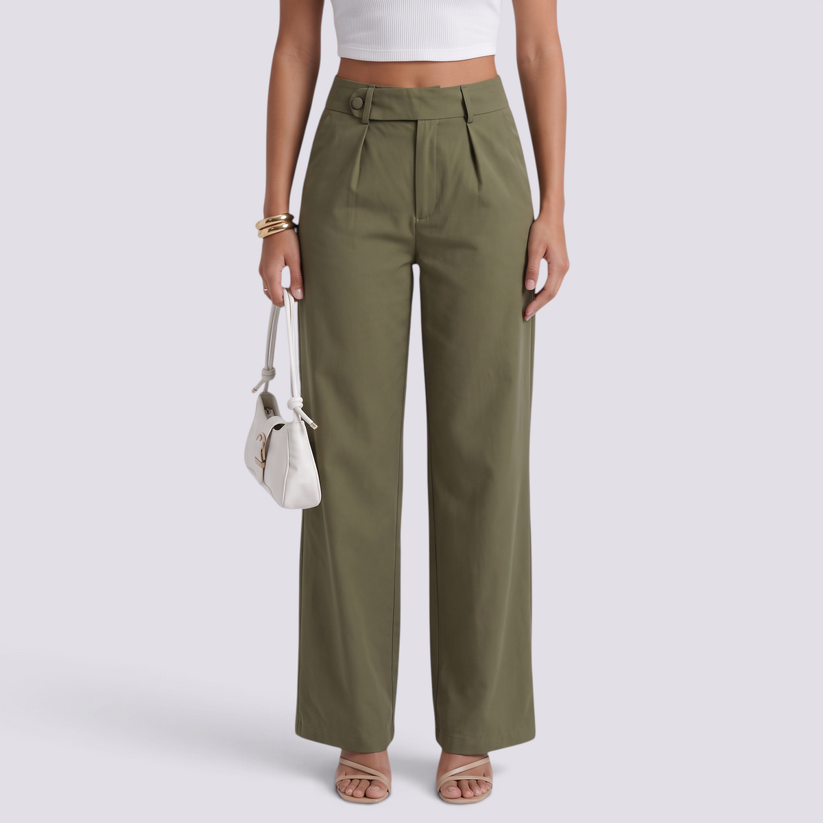 Pantalón Recto Ancho Mujer Cintura Alta - Verde Militar - Vista frontal