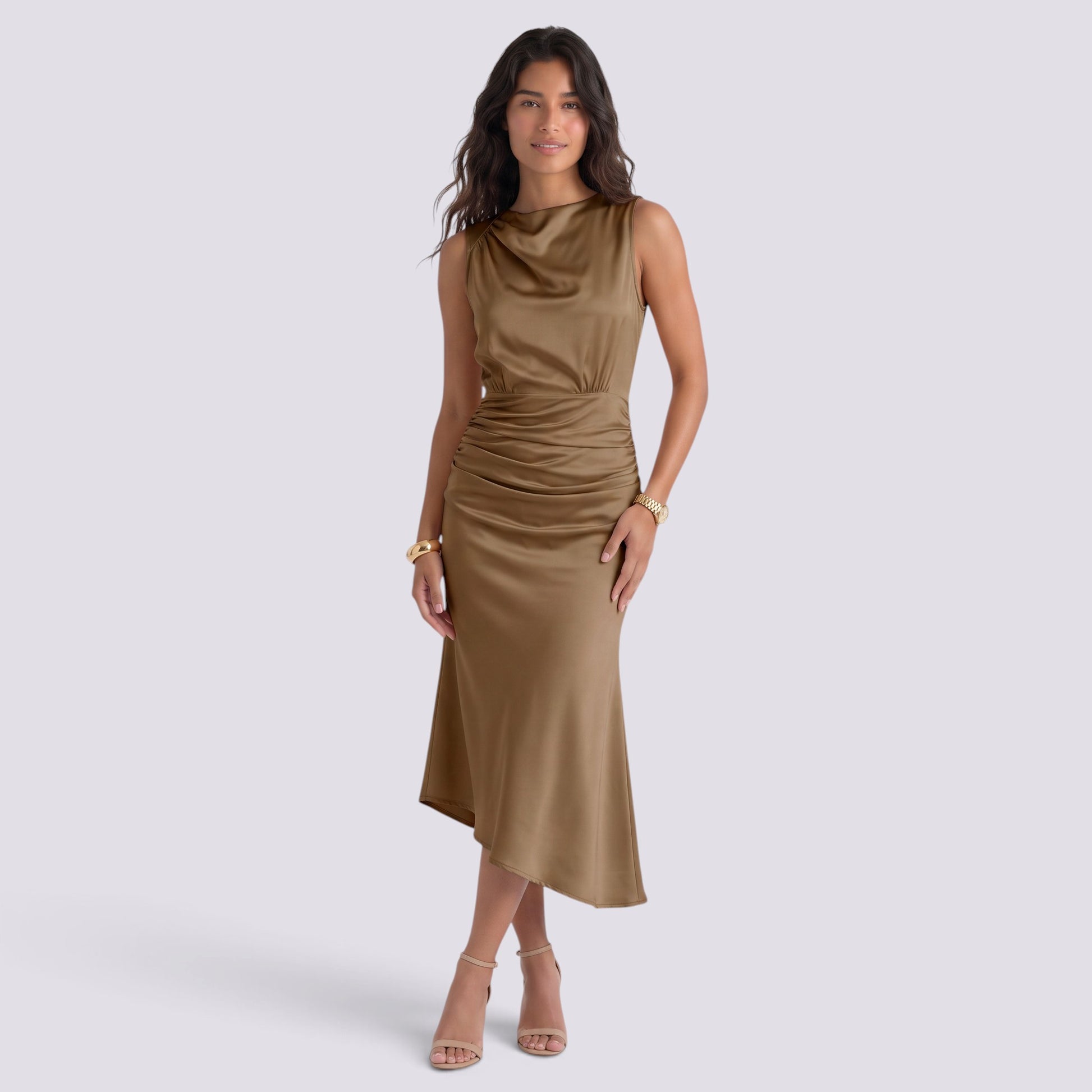 Vestido Ajustado Mujer con Fruncido Cuello Redondo