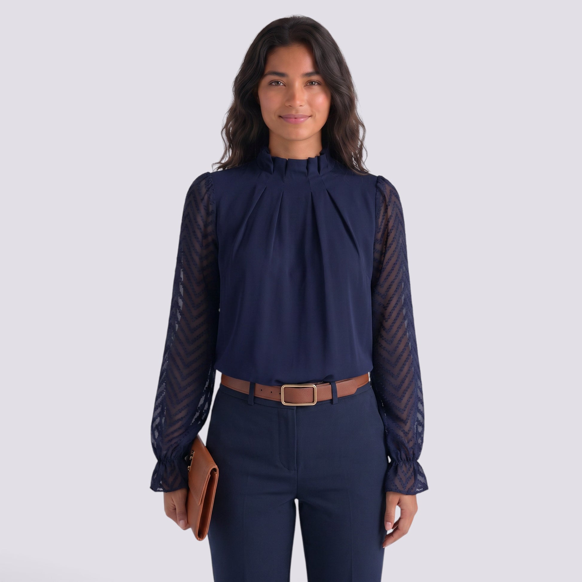 Blusa Mujer Cuello Alto Manga Larga Ondulada