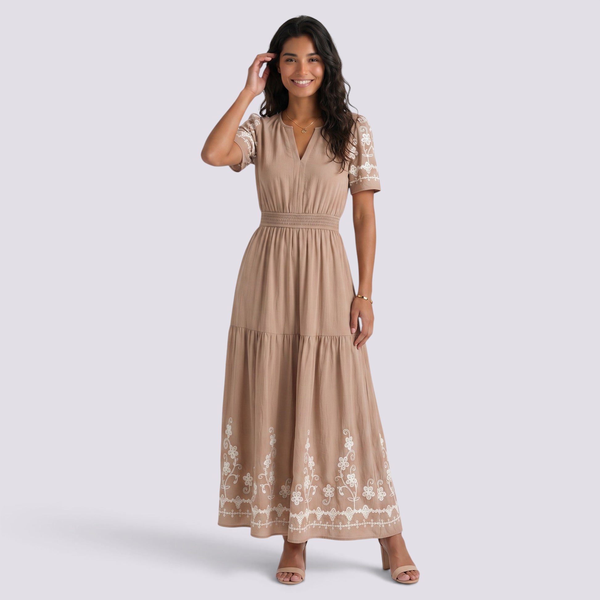 Vestido Midi Boho Bordado Mujer Escote Pico