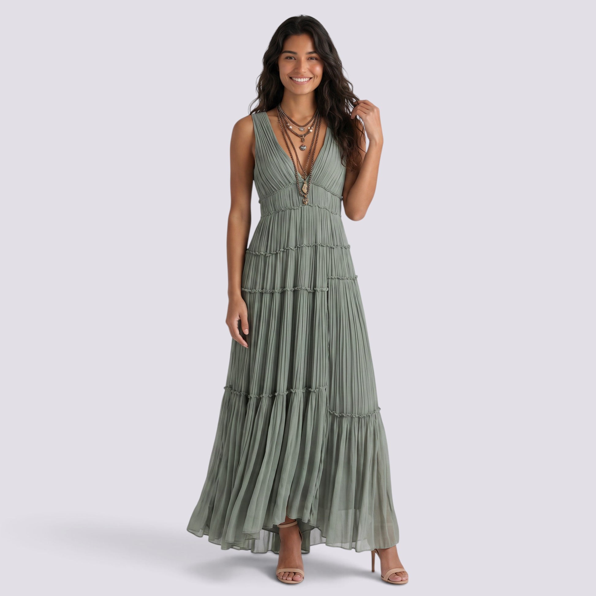 Vestido Midi Mujer Plisado Elegante