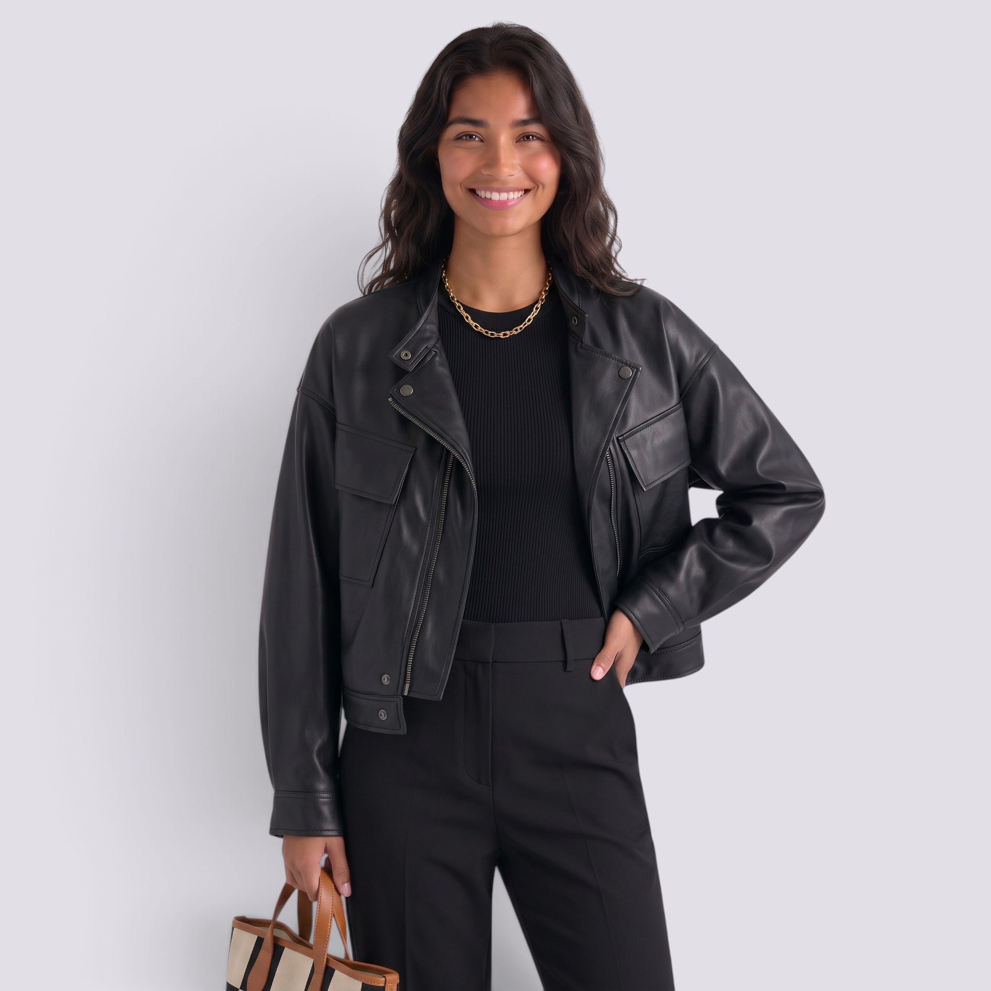 Chaqueta Mujer Cuello Mao Efecto Piel