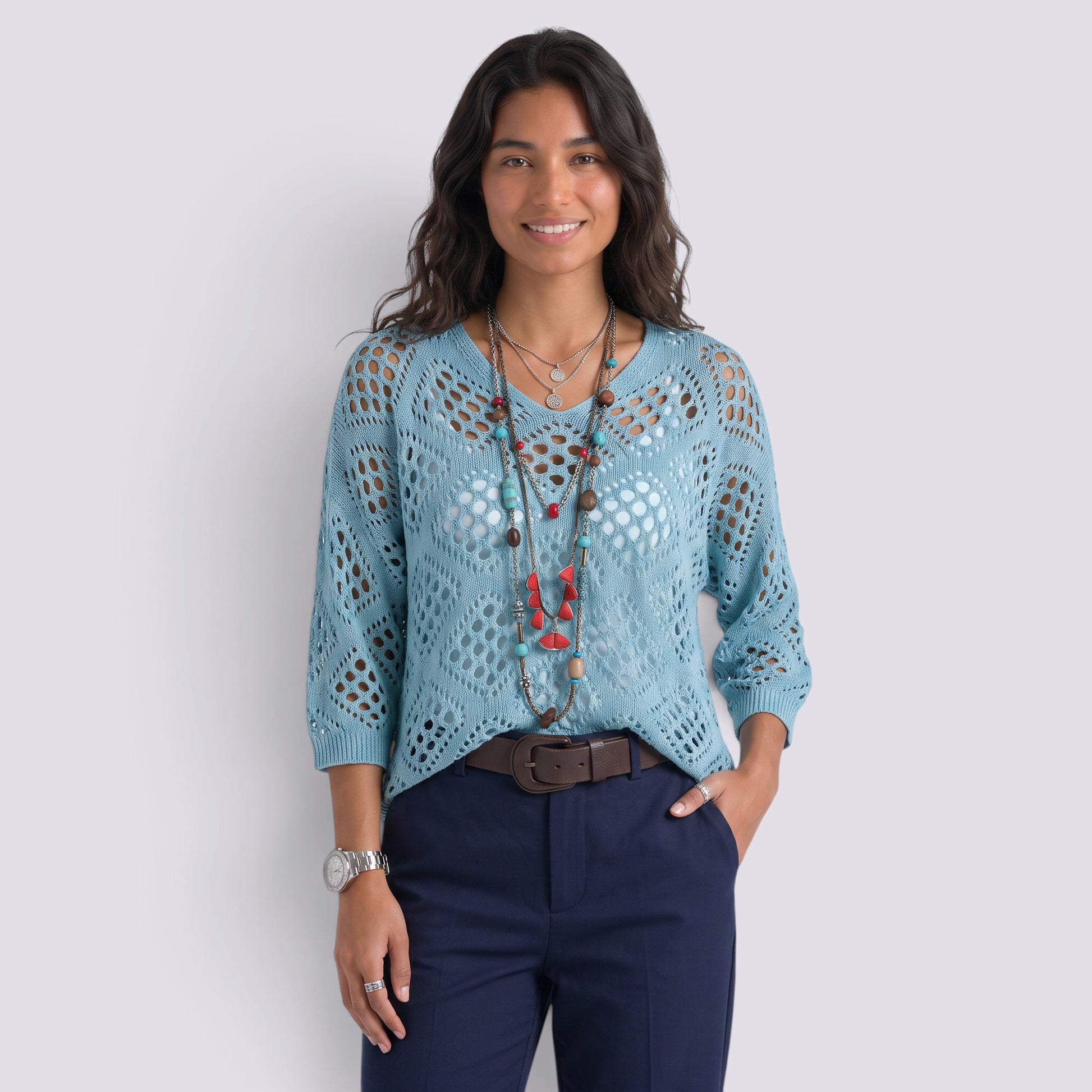 Blusa Mujer Punto Calado Manga Larga Elegante