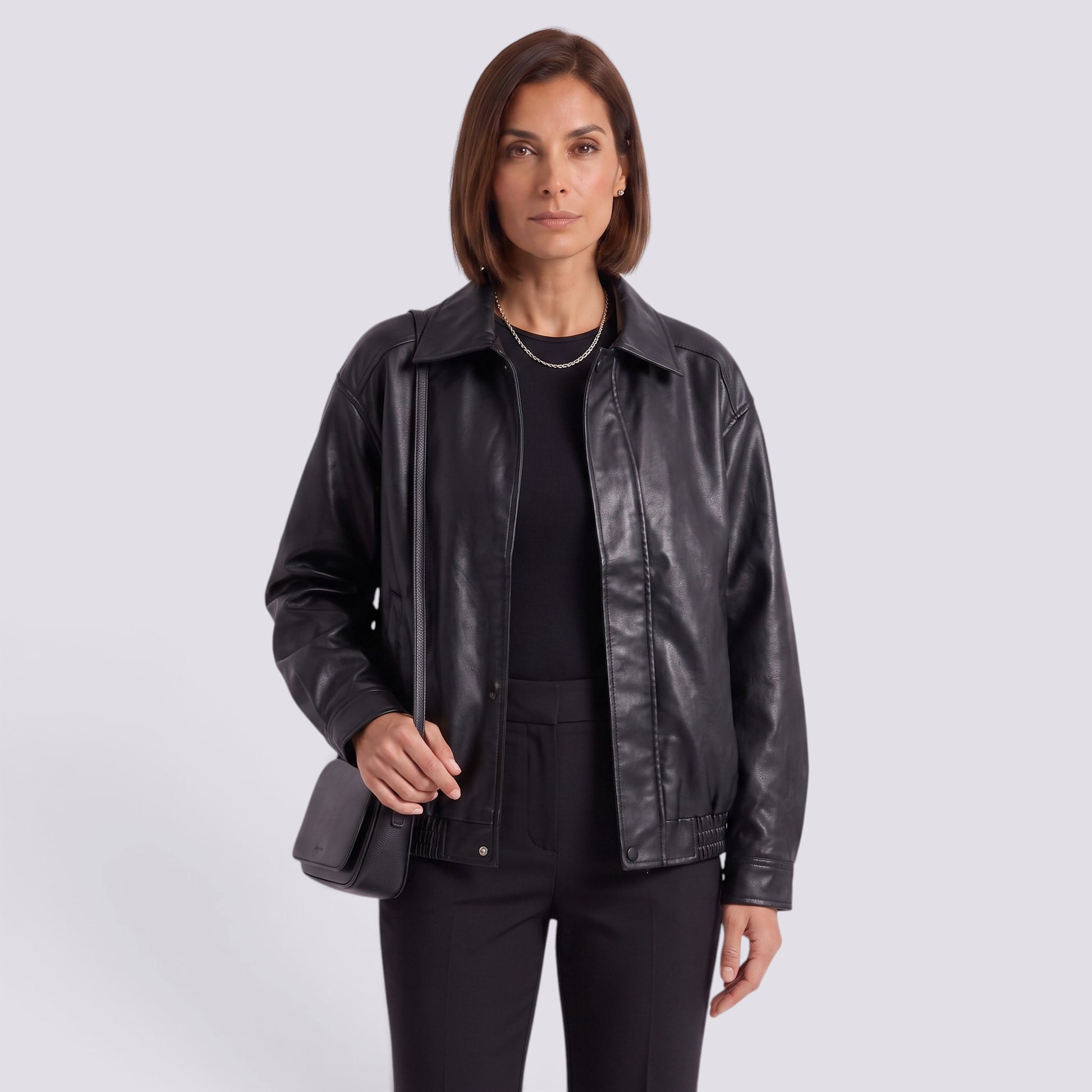 Chaqueta Mujer Oversize con Solapa Cuero Estilo Retro