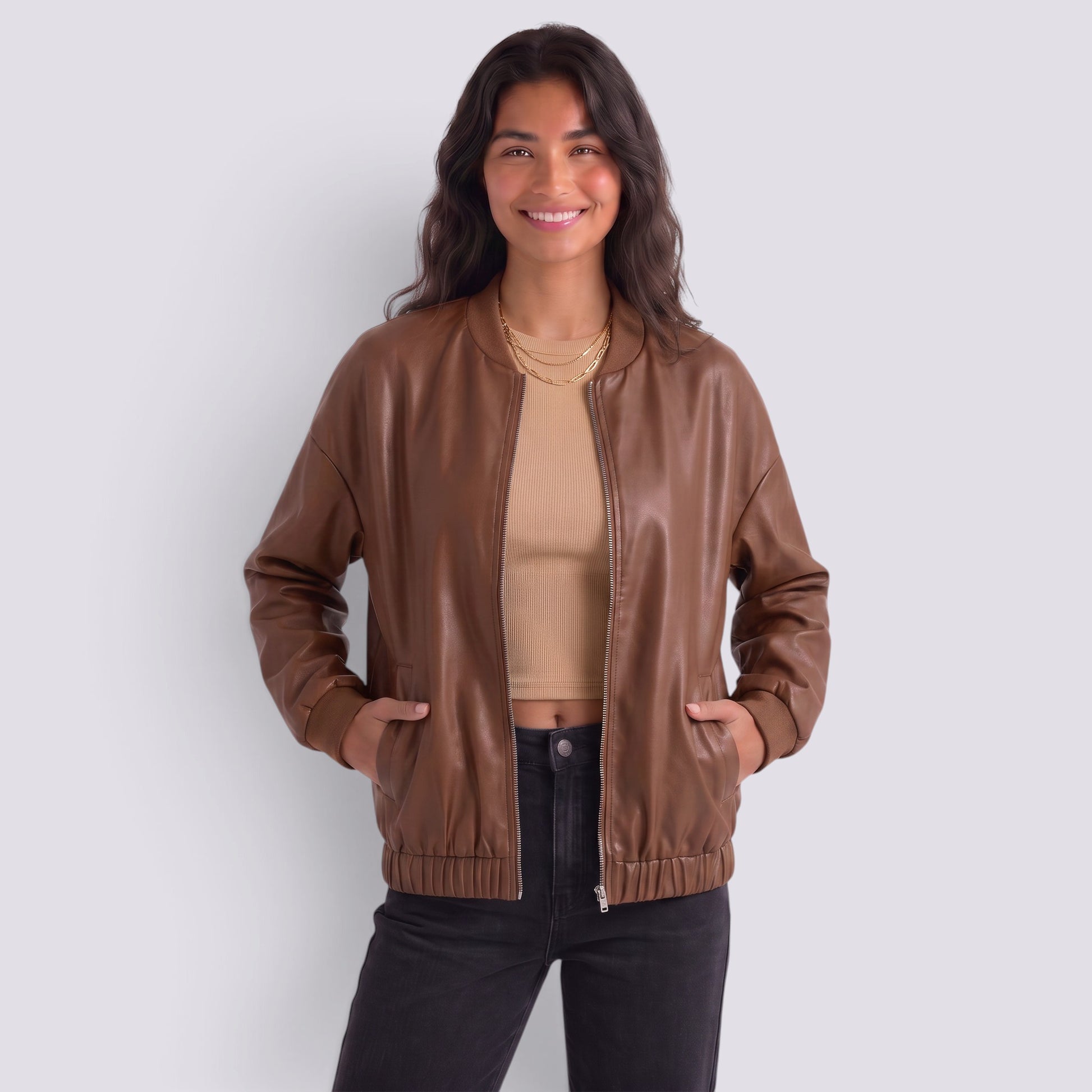 Chaqueta Cuero Mujer Corta Motera Efecto Piel