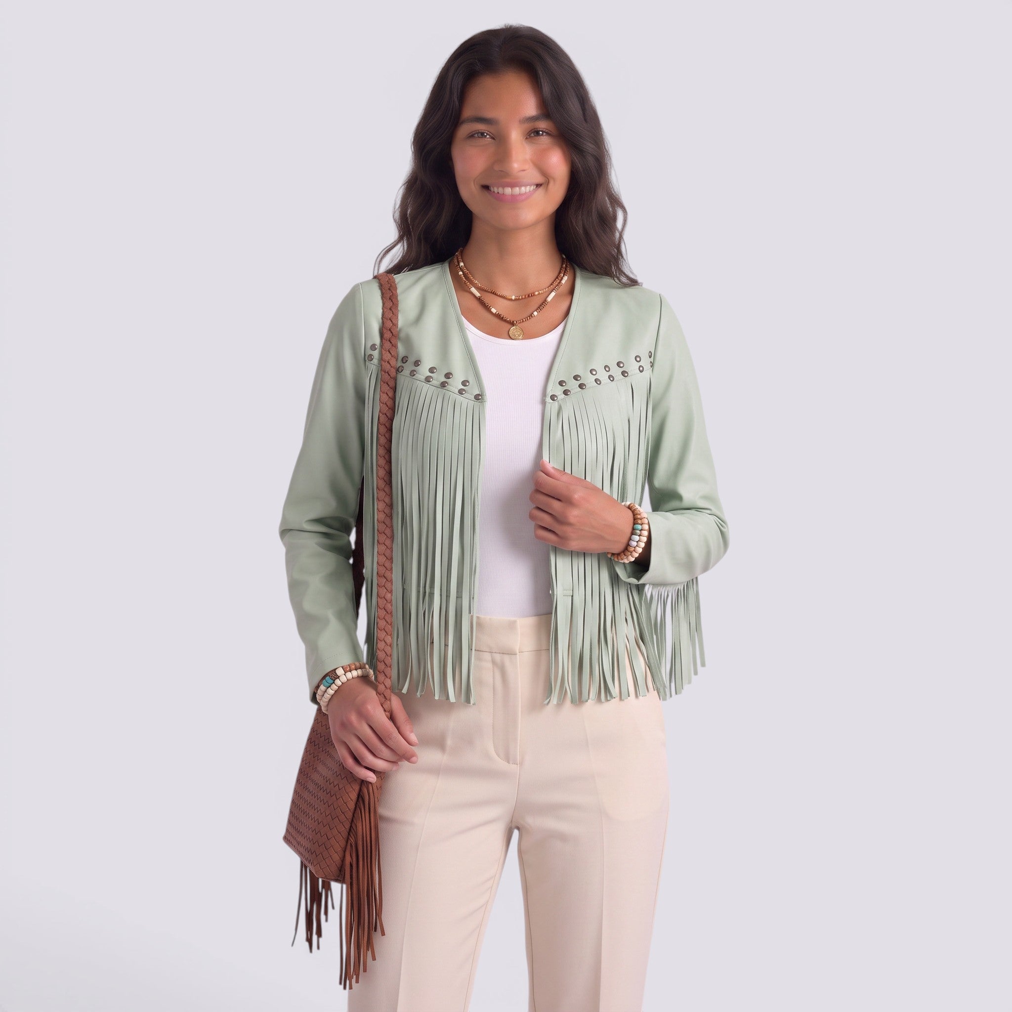 Chaqueta Mujer Corto de Flecos y Tachuelas