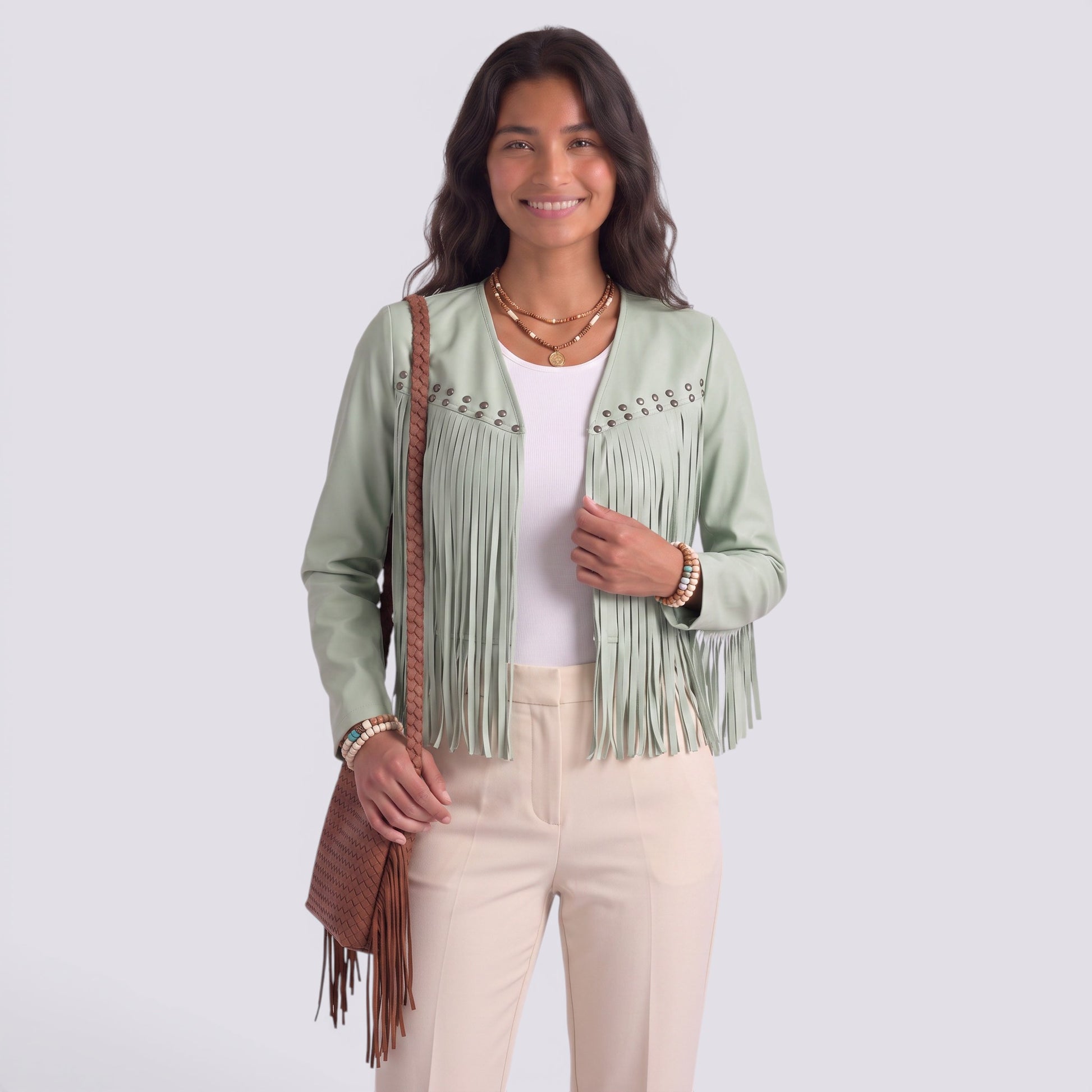 Chaqueta Mujer Corto de Flecos y Tachuelas