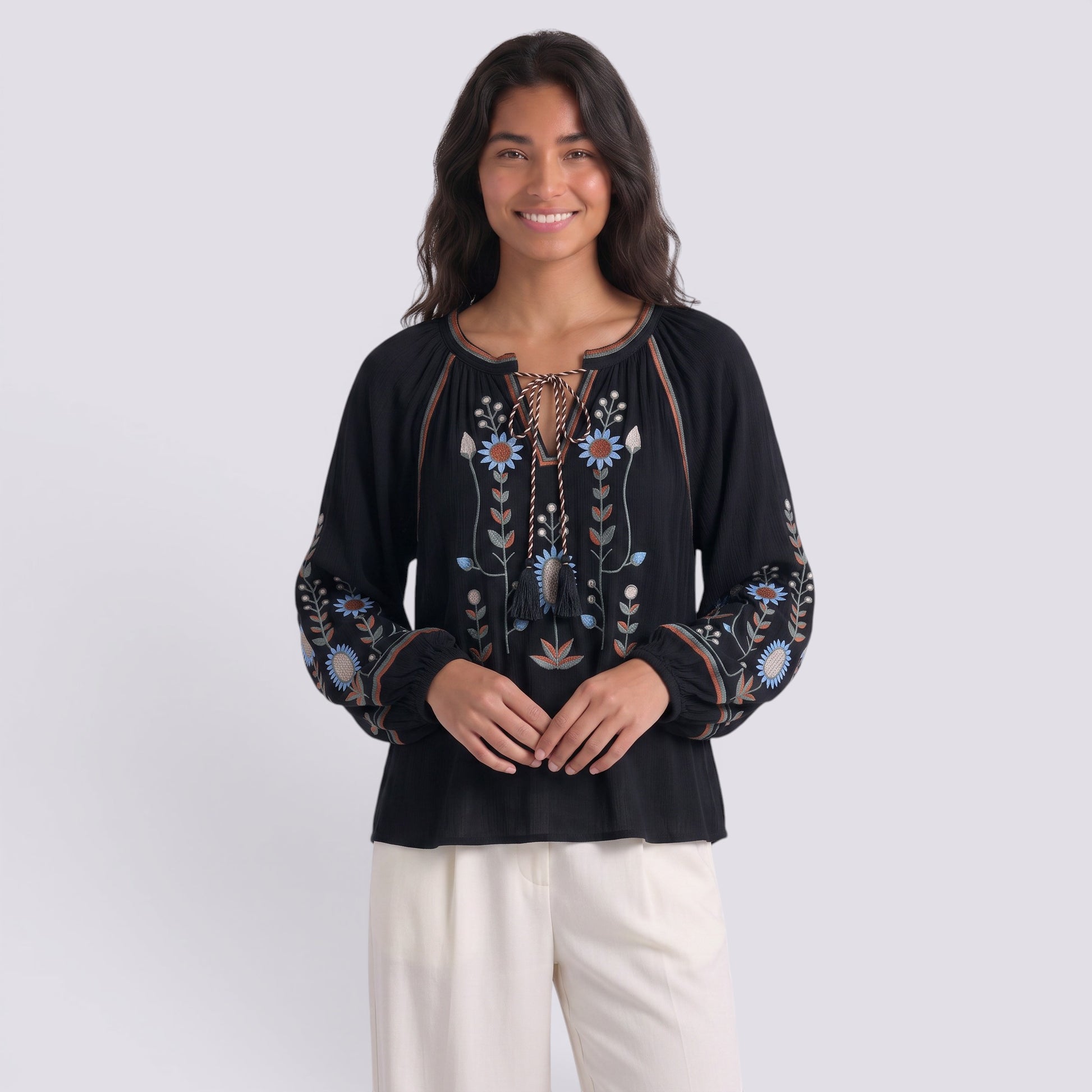 Camisa Mujer Manga Bordada Estilo Boho Abullonada