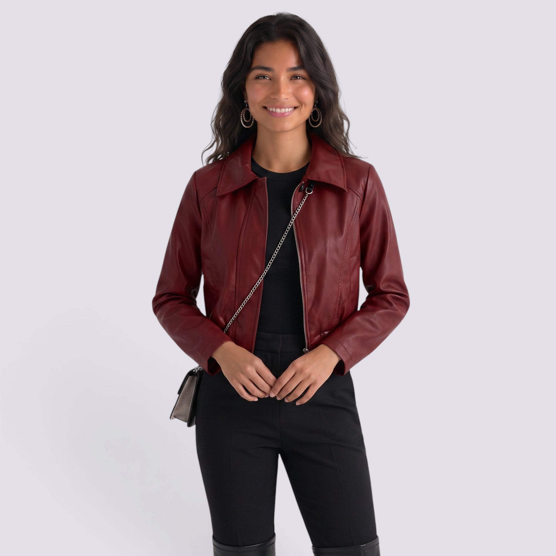 Chaqueta Mujer Corta Efecto Piel Motera Estilo