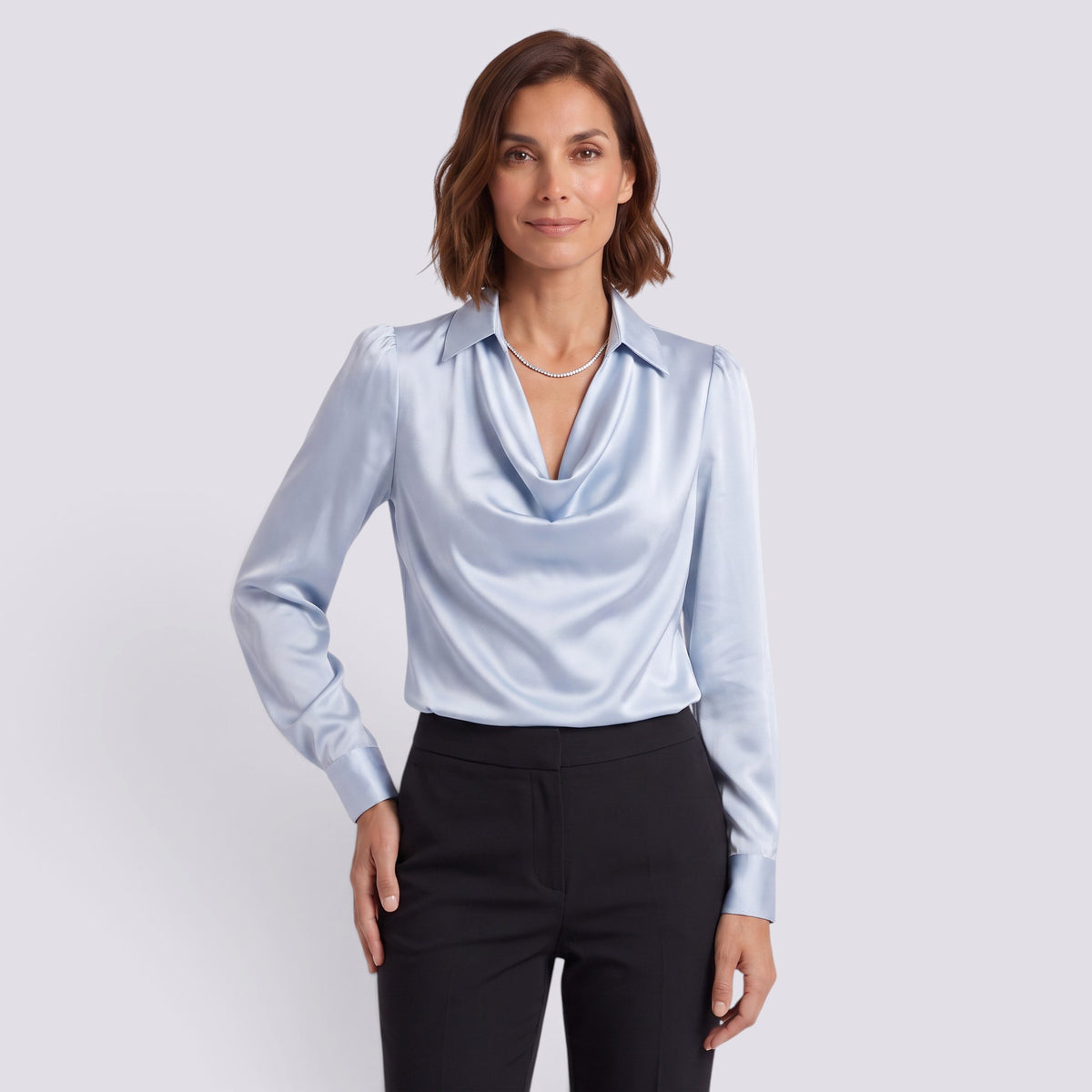 Blusa Mujer Satinada Manga Larga Cuello Drapeado