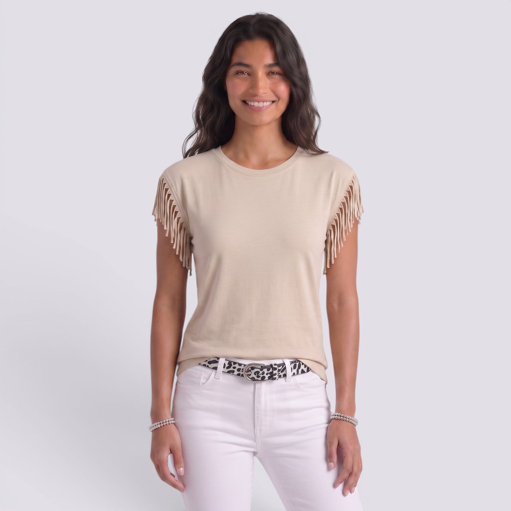 Camiseta Mujer Manga Corta Puños Borlas Camiseta con Flecos