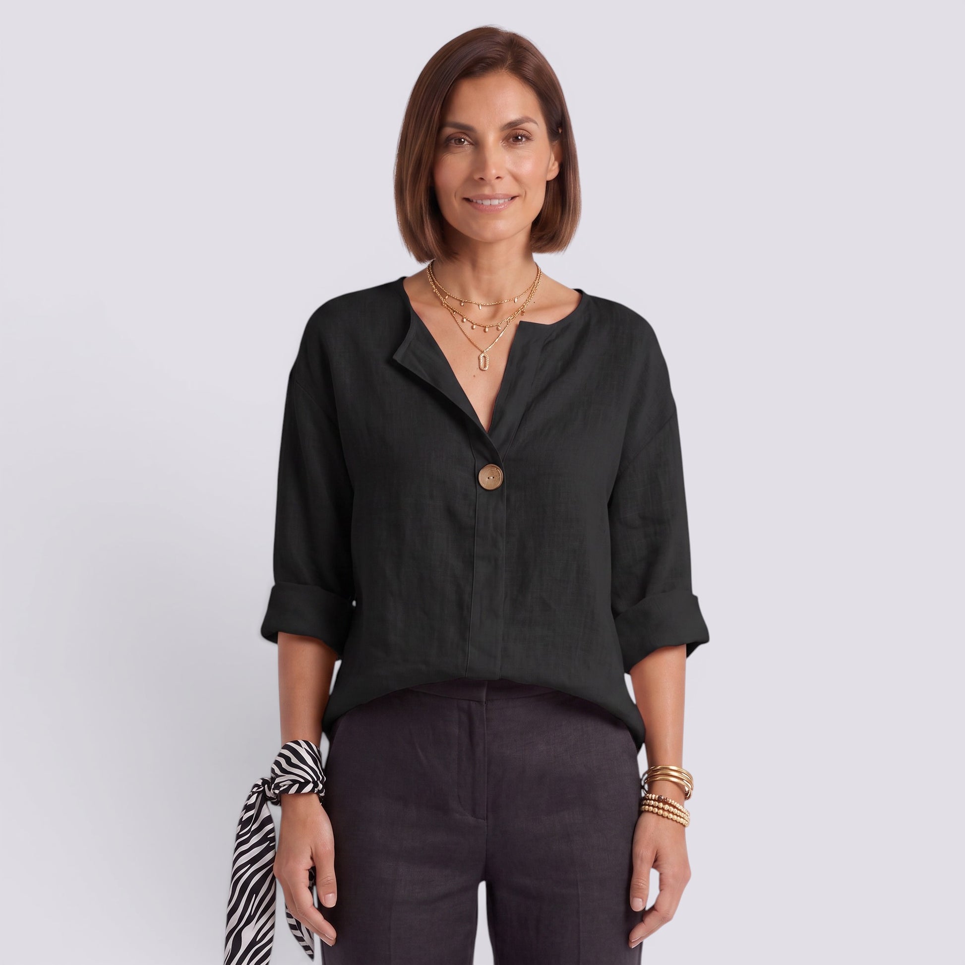 Blusa Mujer Elegante Manga Larga Escote Pico Botonada