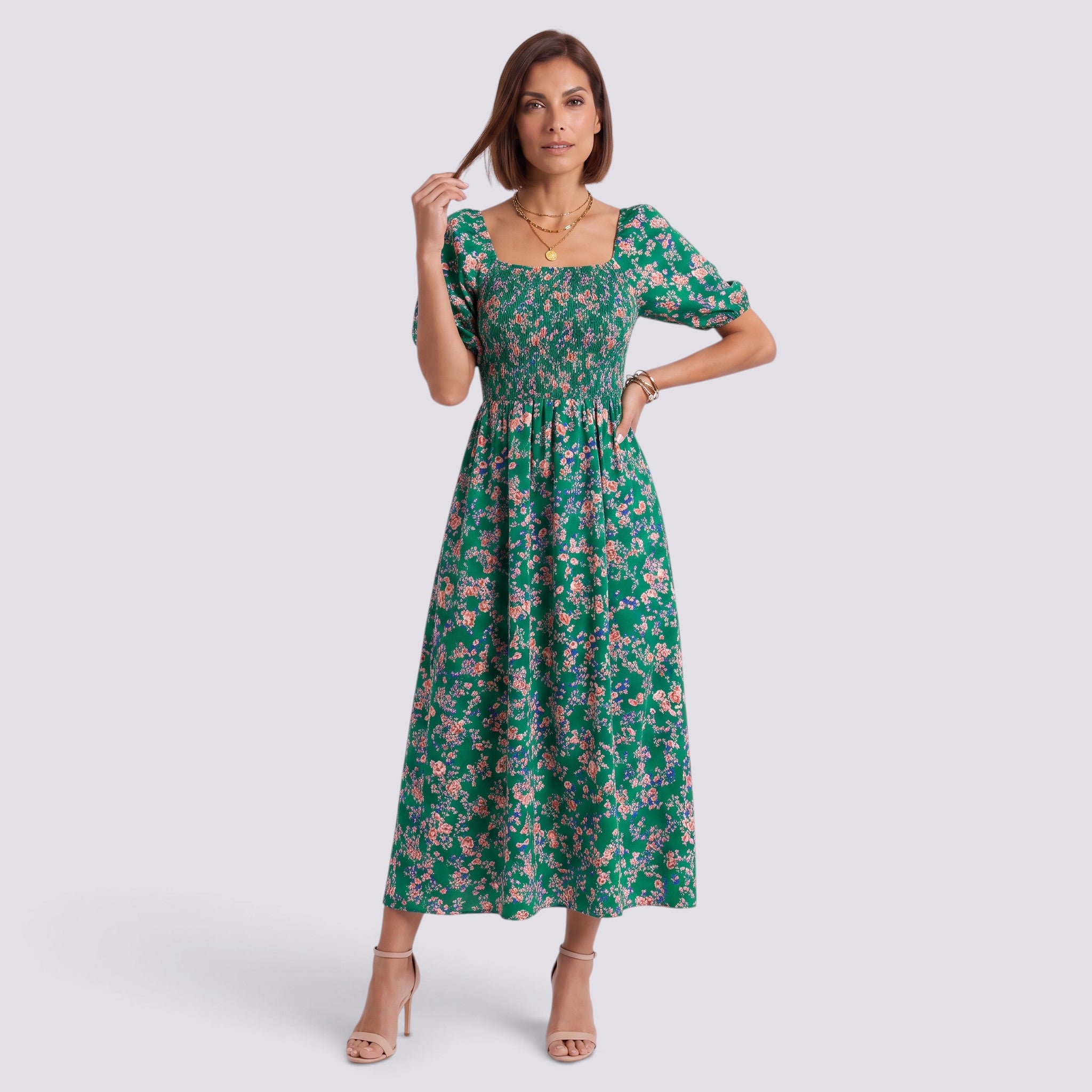 Vestido Floral Mujer Elegante Manga Corta Talle Alto