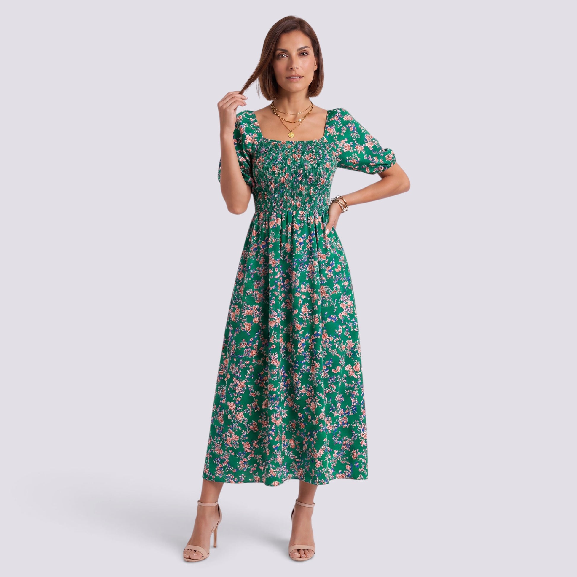 Vestido Floral Mujer Elegante Manga Corta Talle Alto