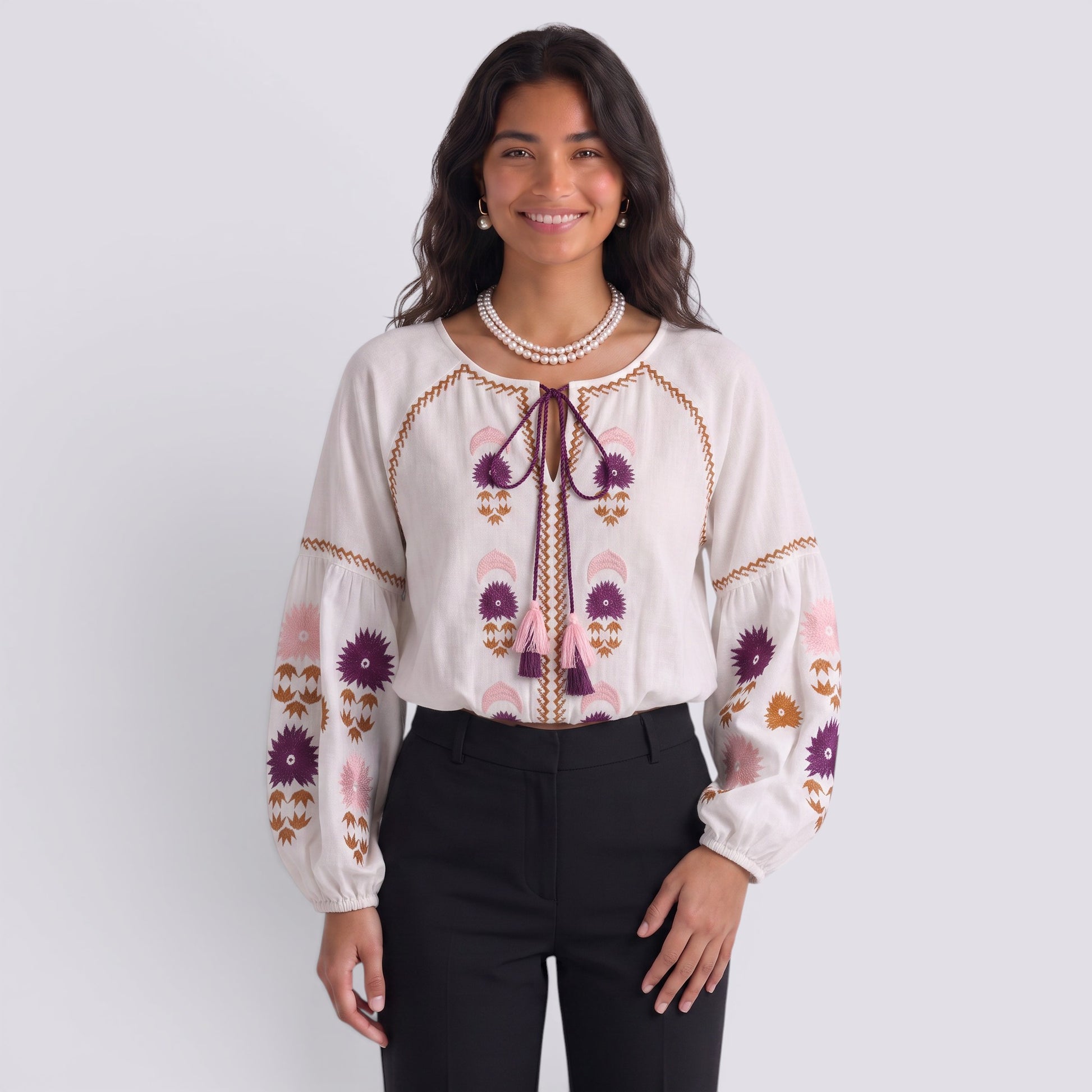 Camisa Bordada Mujer Manga Larga Boho Estilo