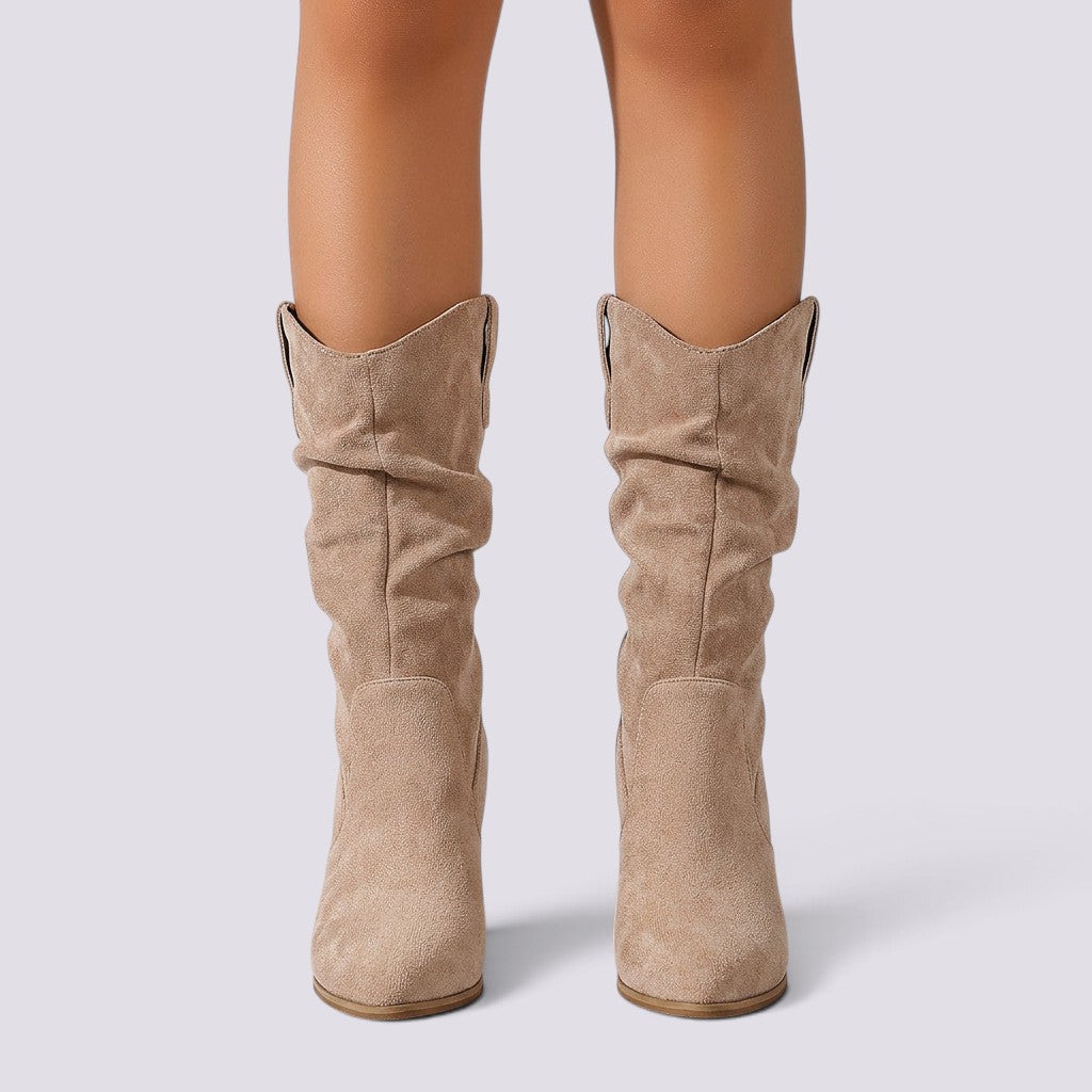 Botas Mujer Ante Tacón Grueso Plisadas