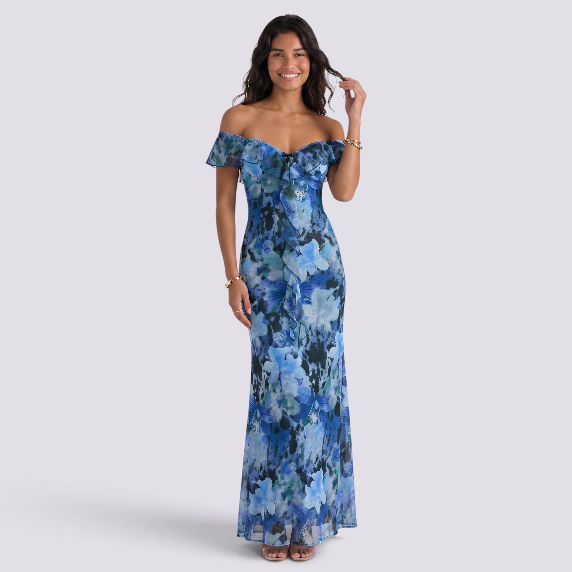 Vestido Estampado de Fiesta Palabra de Honor Cordones
