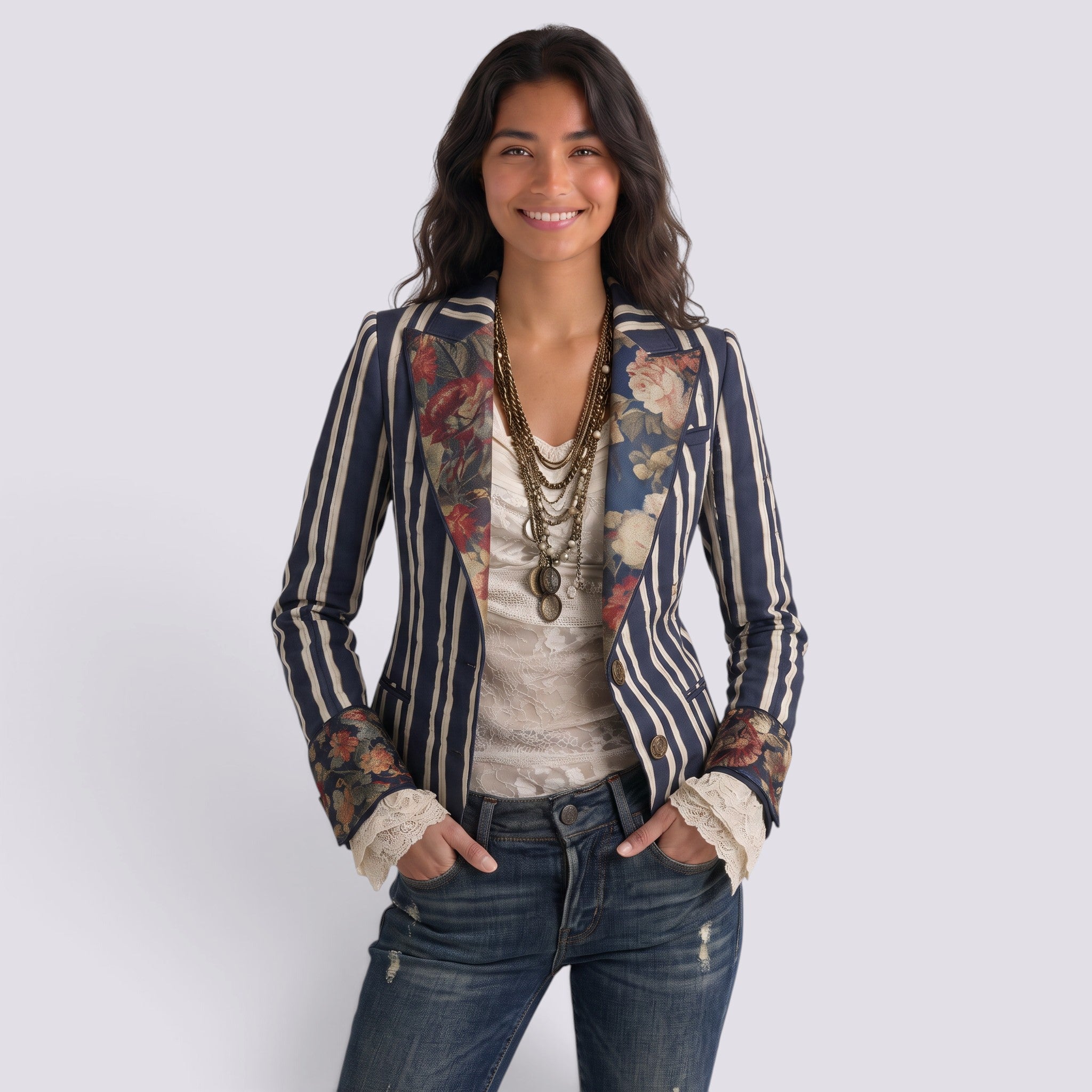 Blazer Mujer Entallado Estampado Étnico Rayas
