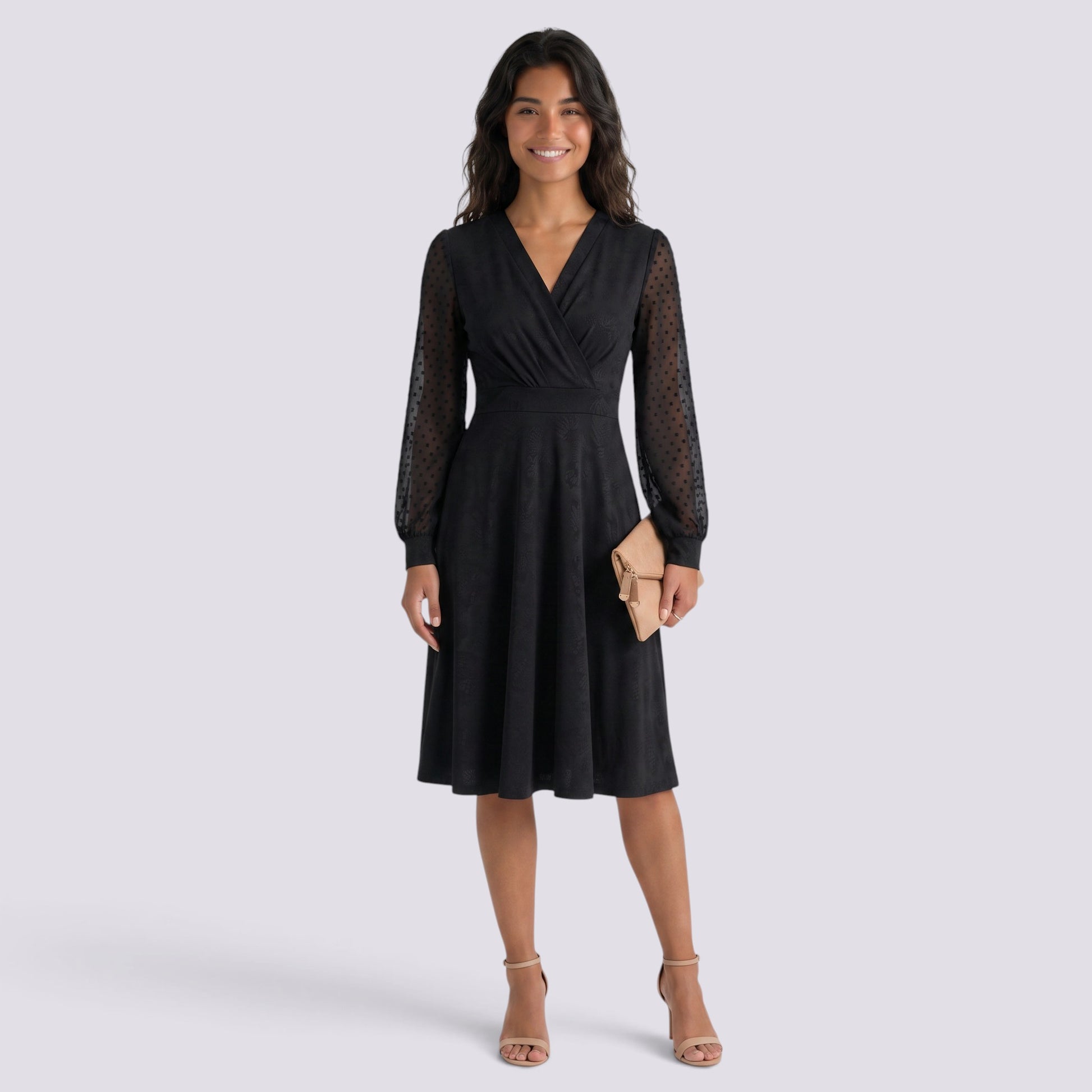 Vestido Mujer Manga Larga Elegante Cuello Pico Jacquard