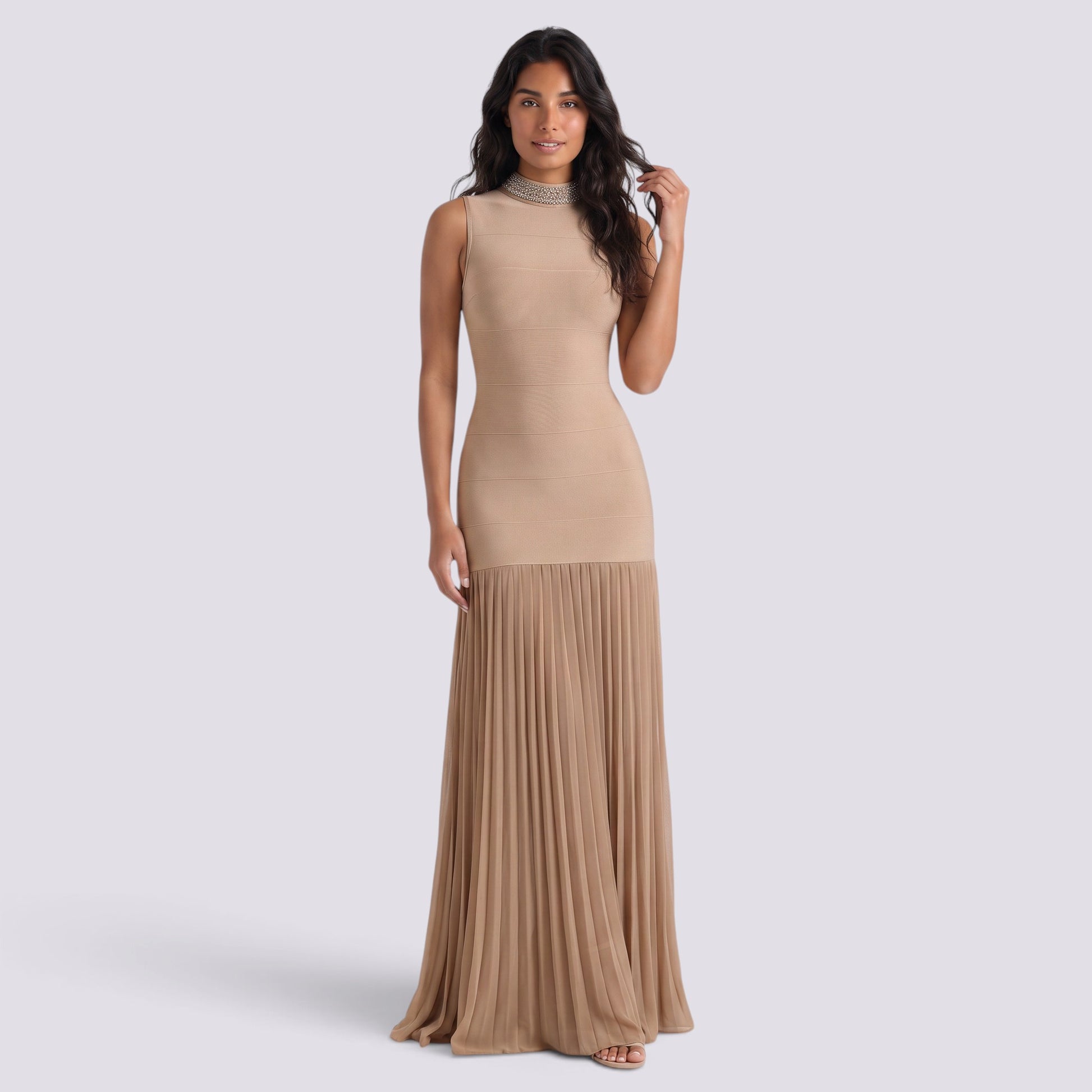 Vestido Largo Fiesta Pedrería Cuello Alto