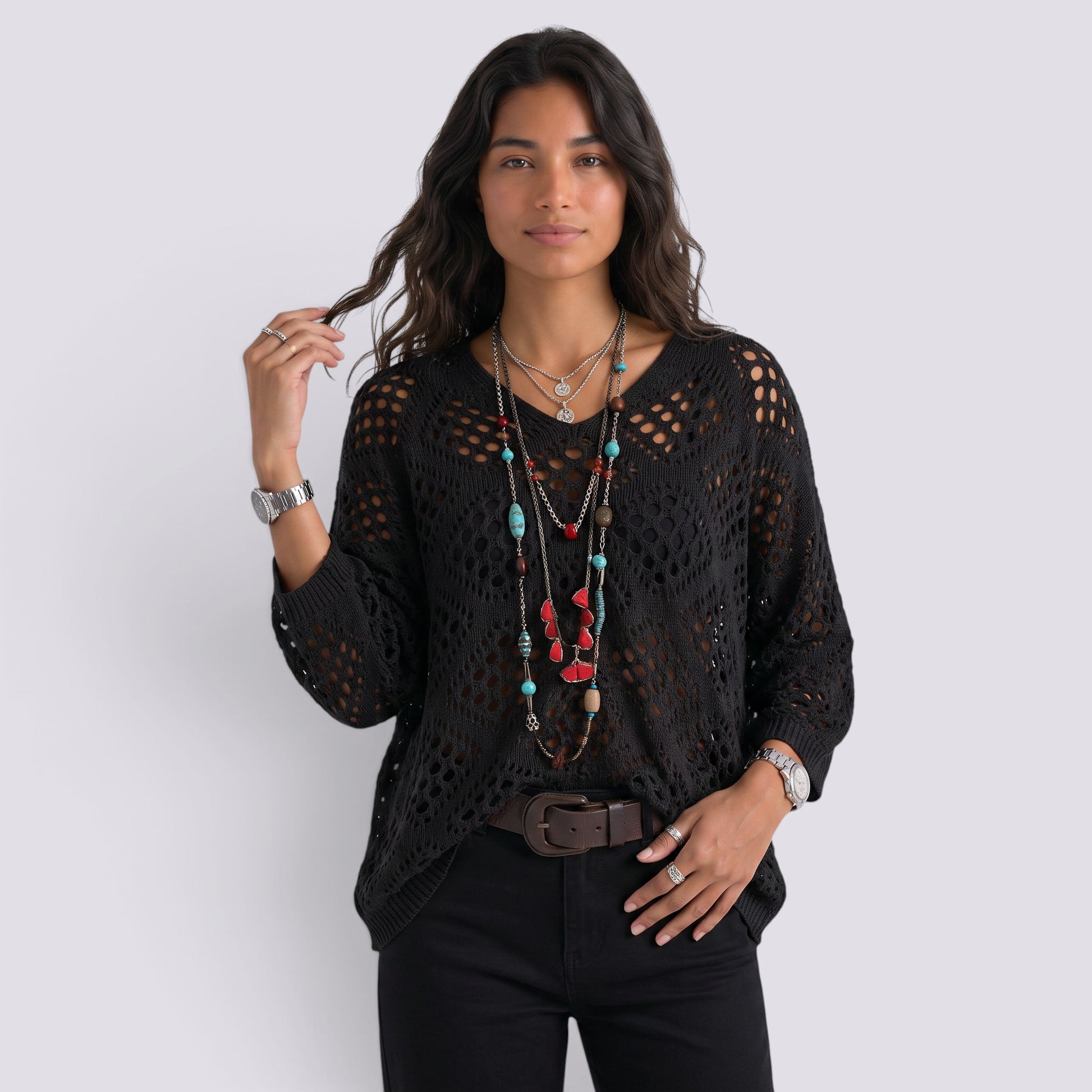 Blusa Mujer Punto Calado Manga Larga Elegante