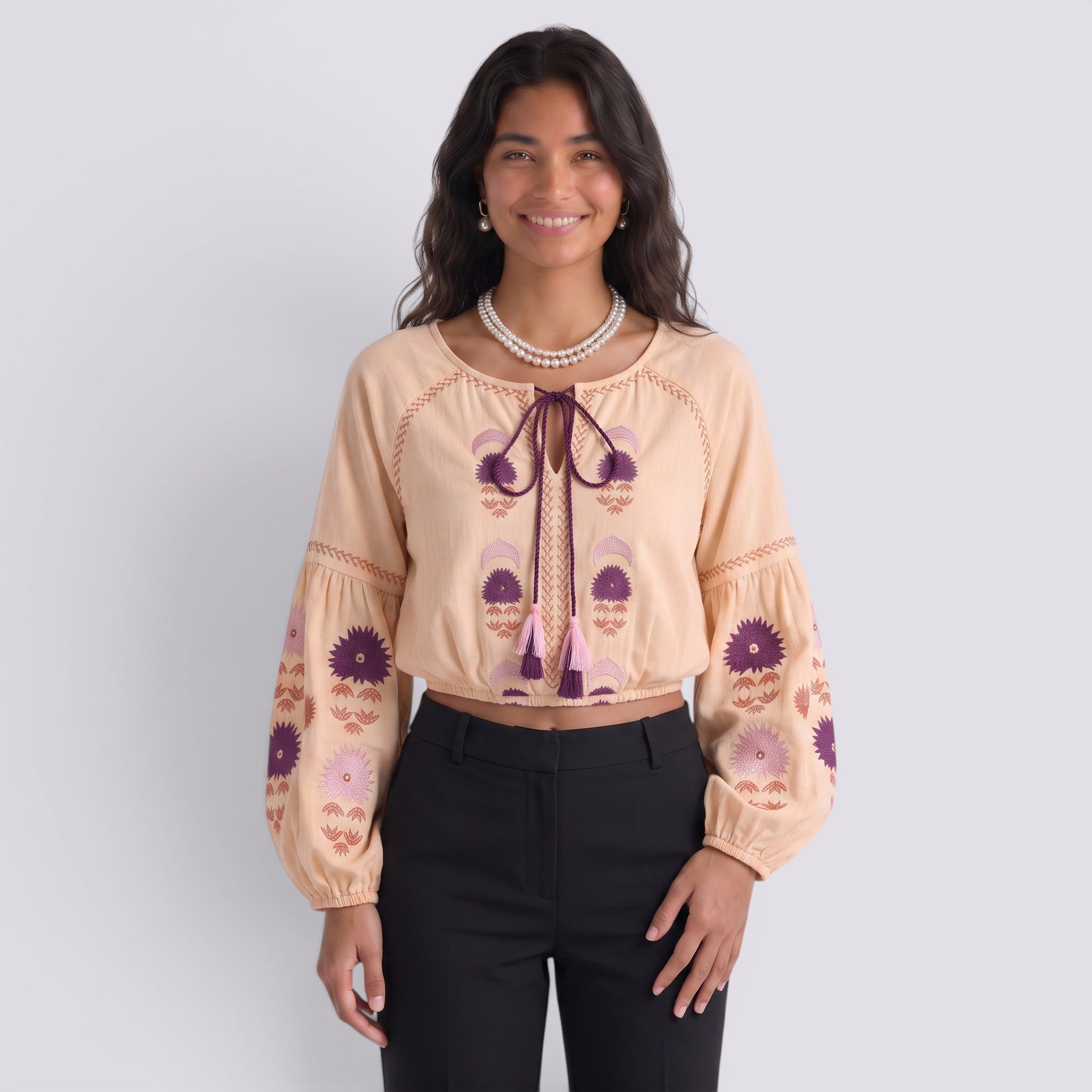 Camisa Bordada Mujer Manga Larga Boho Estilo