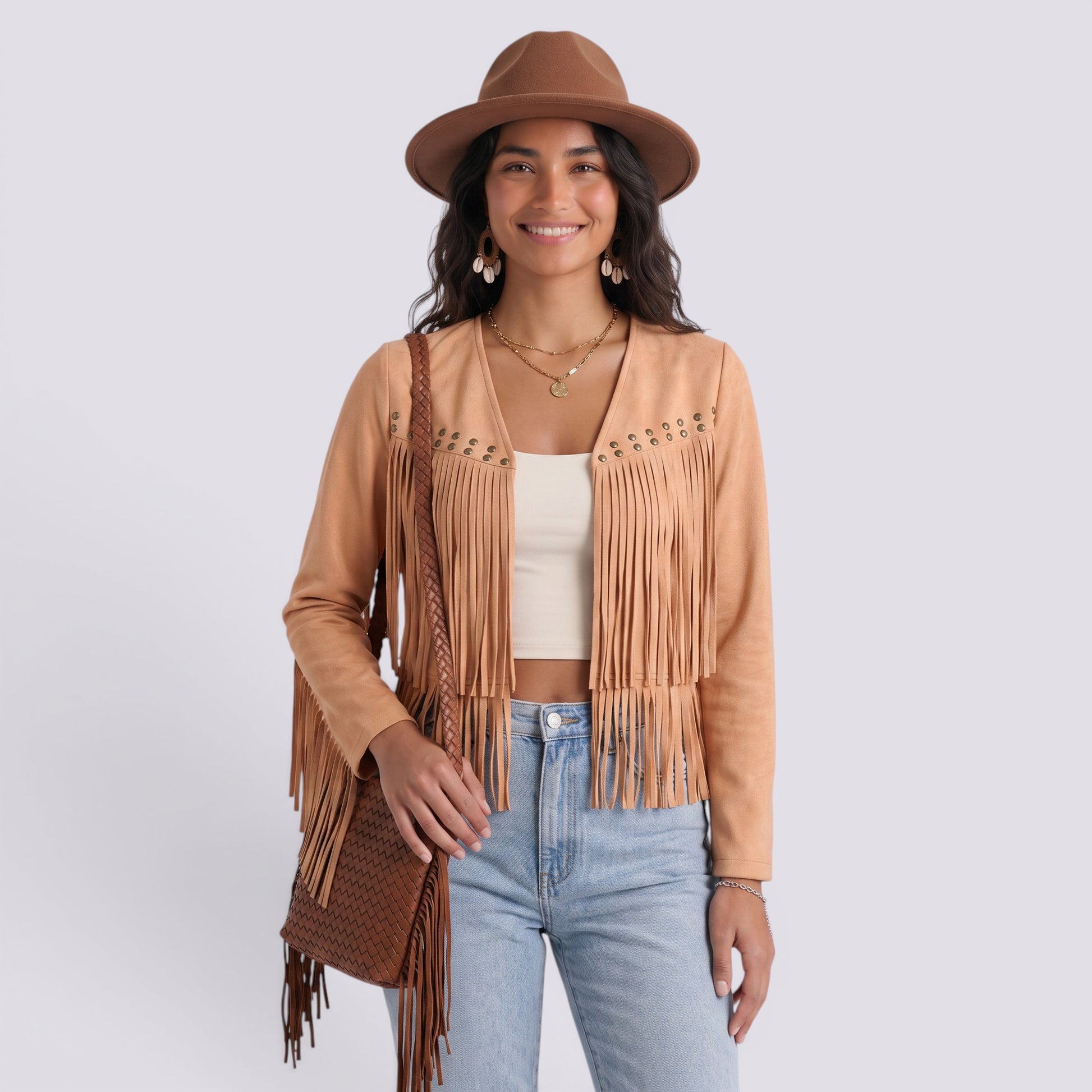 Chaqueta Mujer Corto de Flecos y Tachuelas