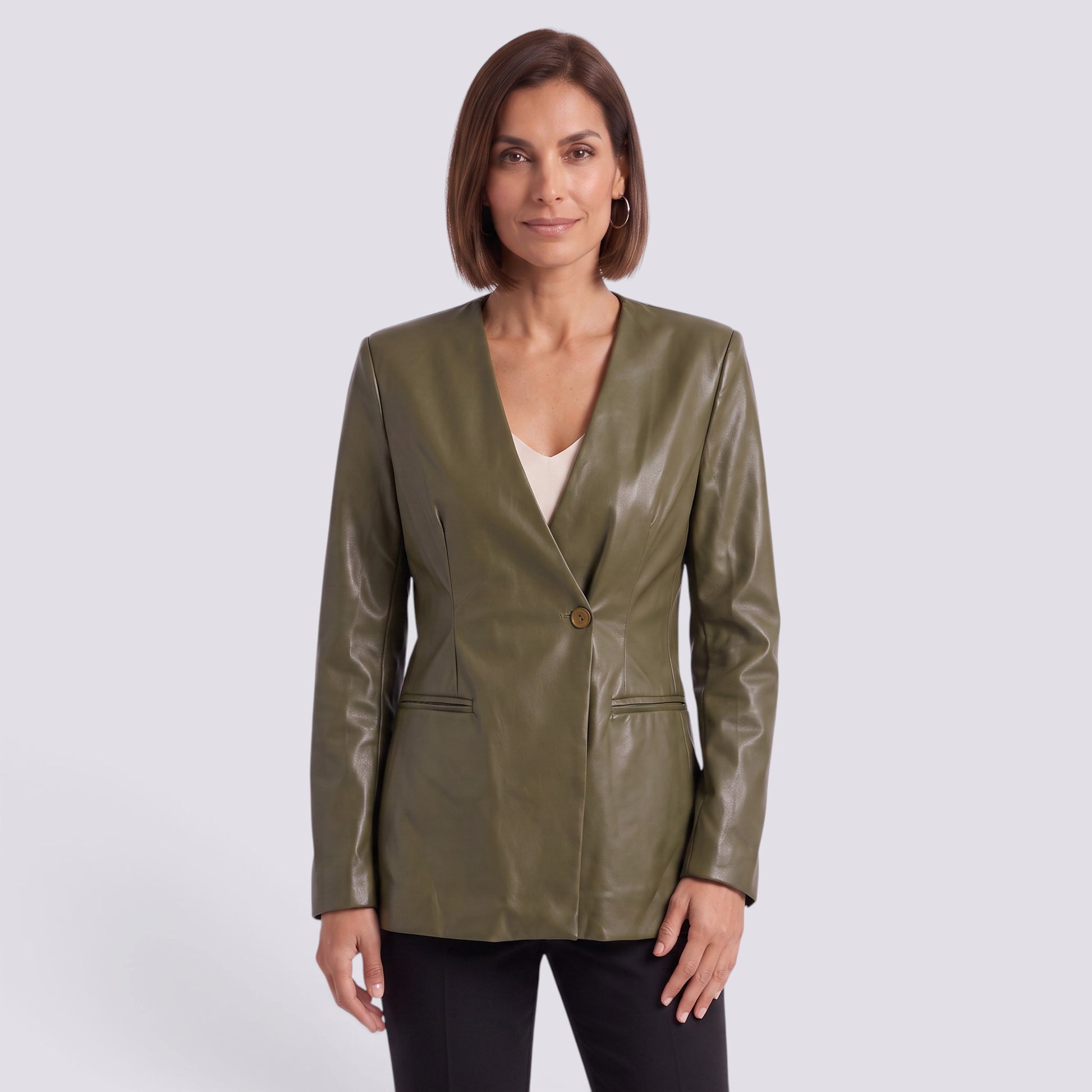 Chaqueta Mujer Efecto Piel Entallada Cuello Pico